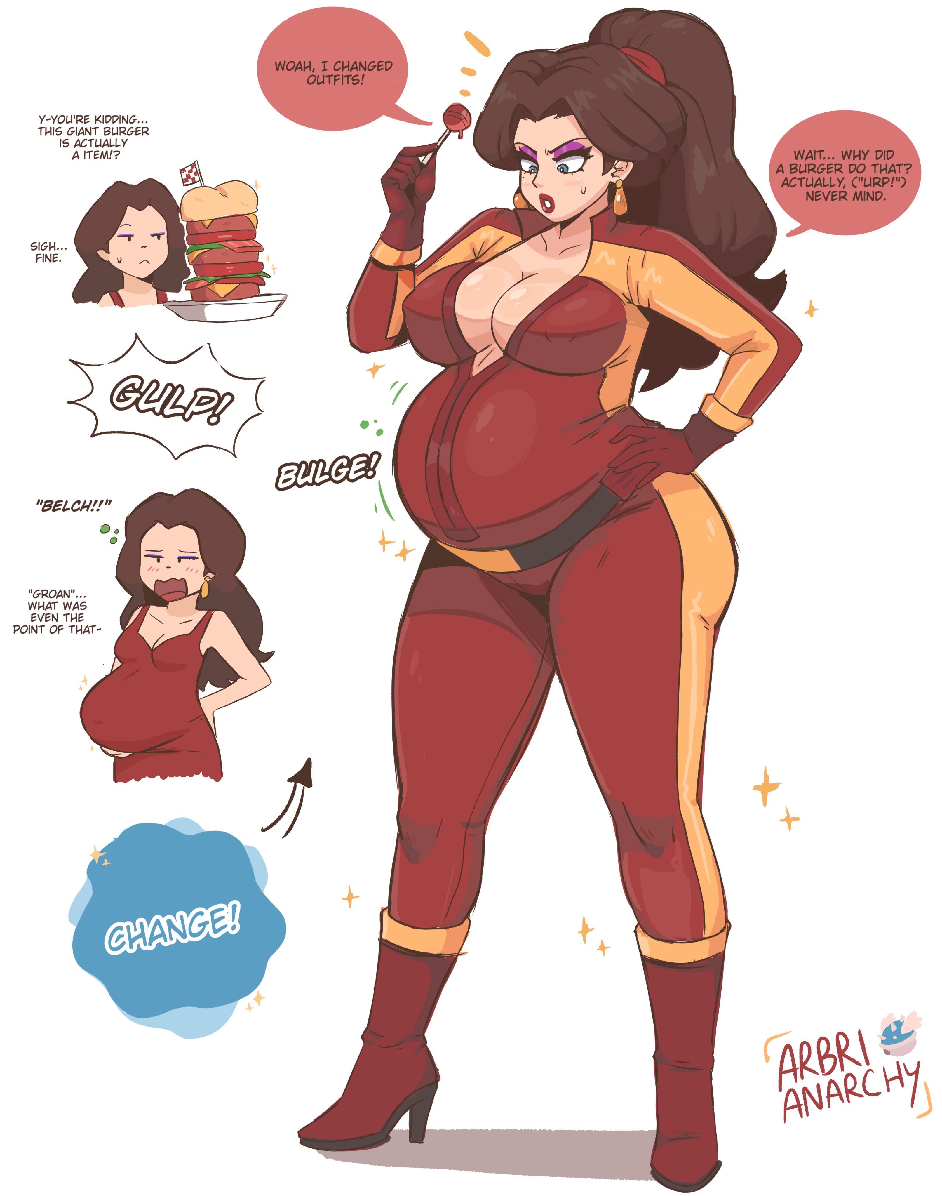 arbrianarchy, belch, belly bulge, breasts, burp, cleavage, clothing, english text, female, hand on hip, human, large breasts, lollipop, long brown hair, mario (series), mario kart, mario kart world, nintendo, official alternate costume, pale skin, pauline, pauline (aero), stuffed belly