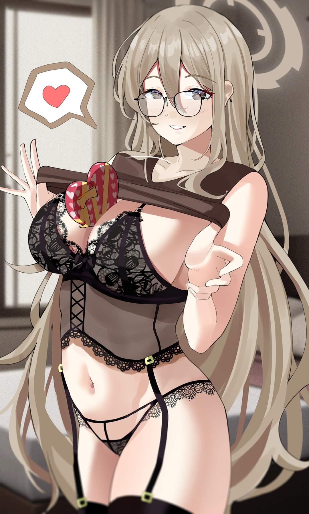 1girls, akane (blue archive), artist request, big breasts, blue archive, breasts, chocolate, corset, female, female only, garter belt, glasses, halo, object between breasts