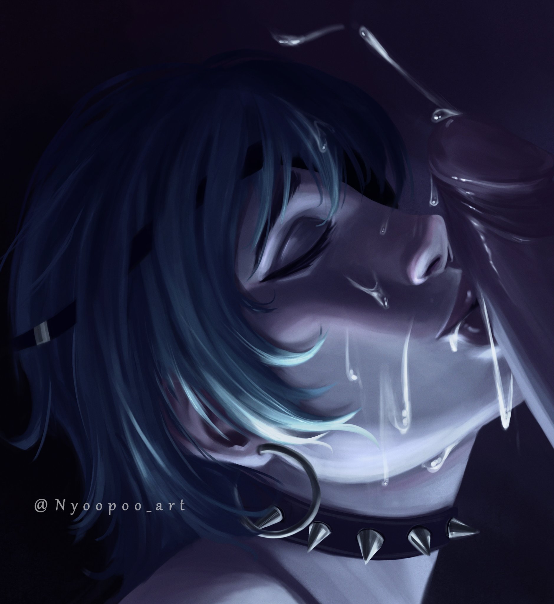 artist name, big penis, black background, blush, chainsaw man, close-up, closed eyes, cock worship, cum, cum drip, cum on face, cumshot, eyepatch, facial, goth, himeno (chainsaw man), kissing penis, nyoopoo, pleasure face, short hair, sniffing penis, spiked collar, unseen male face
