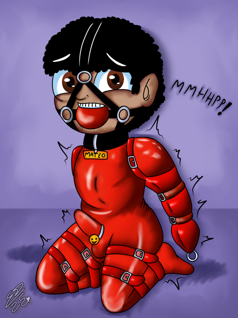 1boy armbinder black_hair bondage collar erect_penis erection gag gagged gagging latex_bodysuit latex_clothing latex_gloves latex_suit latino latino_male male mateo_(sanz) oc original_character scared scared_expression short_hair submissive_male teen teenage_boy teenager young younger_male