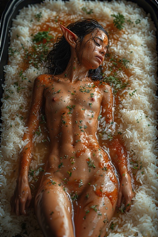 1girls ai_generated areolae black_hair blush blushing_at_viewer blushing_female breasts closed_eyes dark-skinned_female dark_hair dark_skin elf elf_ears elf_female elf_girl female food food_fetish food_on_body gynophagia hairless_crotch hairless_pussy lying lying_down lying_on_back minigirl naked naked_female nipples nude nude_female oil oiled oiled_body oiled_skin oily oily_body oily_skin partially_submerged pussy rice sad sauce shaved_crotch shaved_pussy soup tagme unconscious unconscious_female vagina vegetable vegetables wet_body wet_hair wet_skin