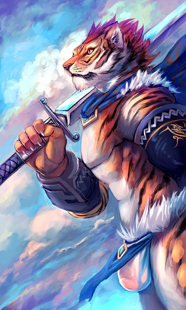 2018 5_fingers abs alternate_version_at_source anthro bulge cheetahpaws claws close-up clothed clothing countershading detailed digital_media_(artwork) felid fingers flaccid fur hair hi_res loincloth male male_only mammal manly melee_weapon mostly_nude multicolored_body multicolored_fur muscular muscular_male pantherine pecs penis sharp_claws solo standing striped_body striped_fur stripes sword tiger underwear vein veiny_penis warrior weapon whiskers white_countershading