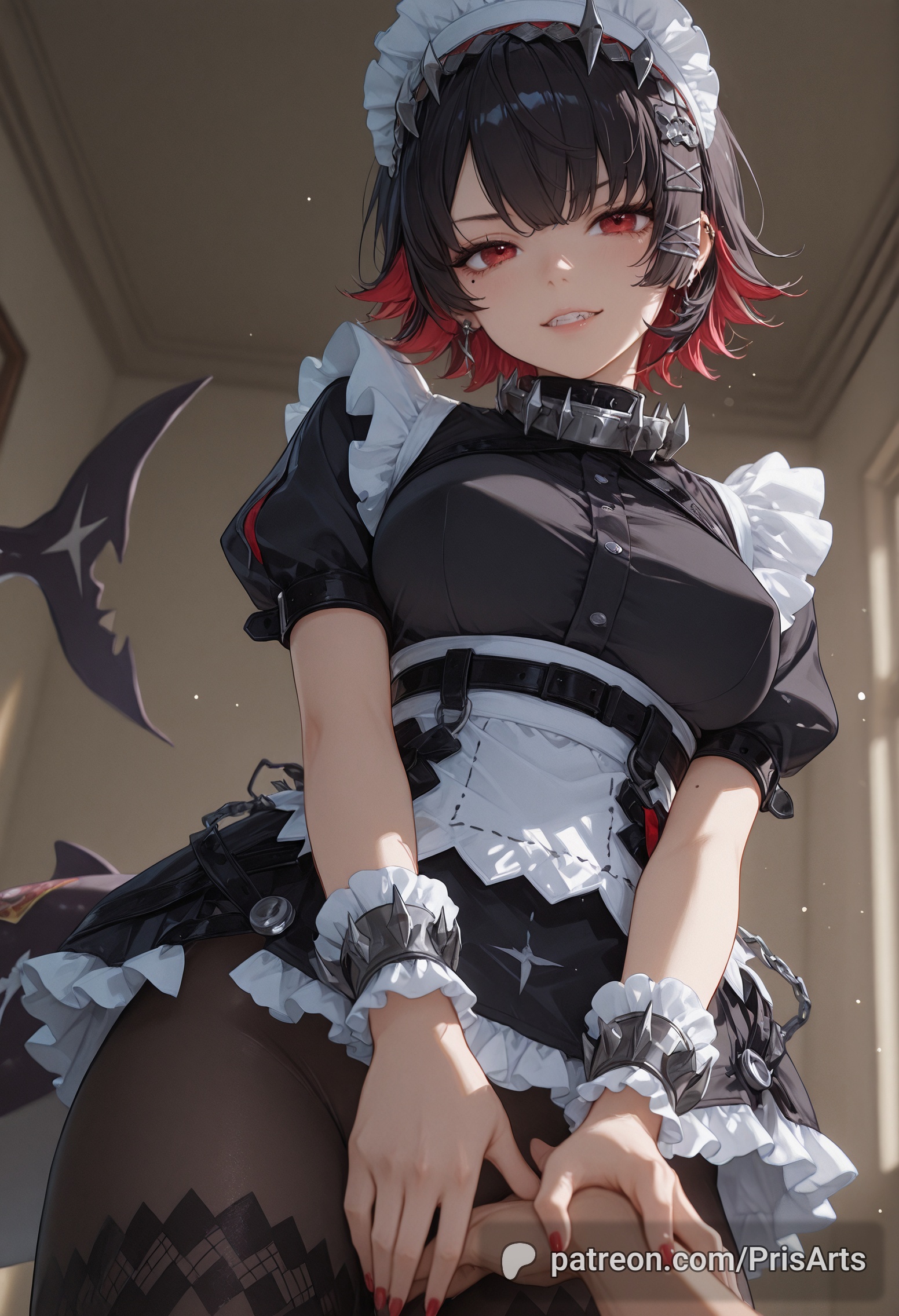 1other, ai generated, ambiguous gender, bangs, clothing, dress, ellen joe, female, female only, goth, goth girl, gothic girl, holding hands, hoyoverse, indoors, light skin, light-skinned female, looking at viewer, maid, maid outfit, mihoyo, pantyhose, prisarts, thighs, zenless zone zero