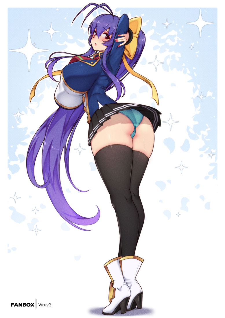 antenna_hair ass blazblue blazblue:_central_fiction blush boots breasts female from_behind hair_ribbon hairbow high_heel_boots large_breasts long_hair looking_at_viewer looking_back mai_natsume miniskirt open_mouth panties pantyshot ponytail purple_eyes red_hair school_uniform sideboob skirt solo thick_thighs thighhighs upskirt very_long_hair virus-g