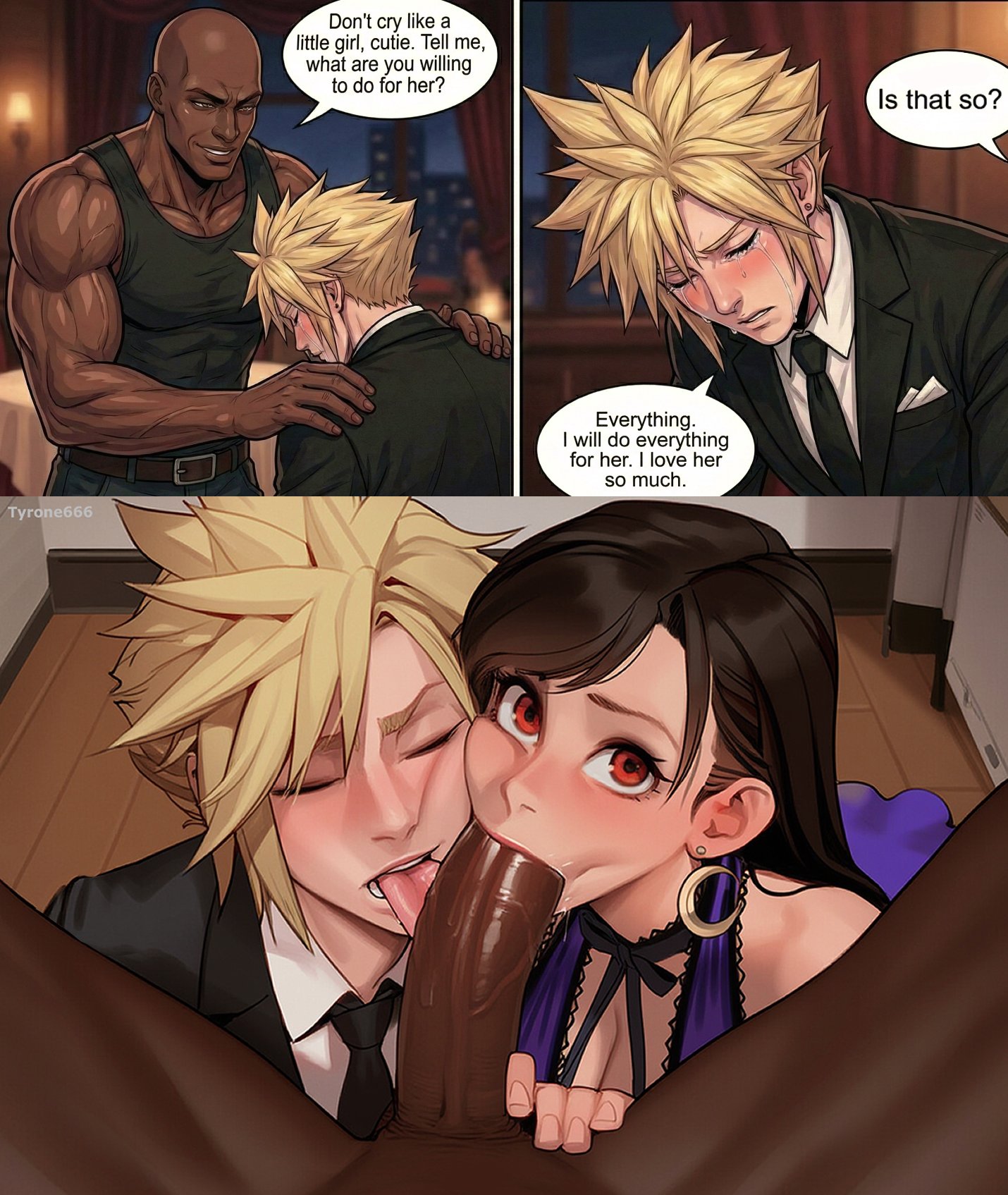 1girl2boys, 1girls, 2boys, 2boys1girl, ai generated, before sex, bi domination, bisexual, bisexual male, black hair, blonde, blonde hair, blonde male, blonde-haired male, blowjob, blowjob face, blowjob gesture, blush, blushing, both sexes in same situation, cheating, cheating girlfriend, cleavage, cloud strife, cock hungry, cock worship, collaborative, collaborative fellatio, collarbone, couple, cuckold, cuckolding, curvaceous, curvaceous body, curvaceous female, curvaceous figure, curvy, curvy body, curvy female, curvy figure, dark skin, dark-skinned male, dominant, dominant male, double fellatio, earrings, ezzezezz, face fucking, fellatio, fellatio face, fellatio gesture, female, female human, female supporting yaoi, final fantasy, final fantasy vii, good boy, good girl, height difference, horny, horny female, horny male, humiliation, imminent sex, indoor, indoors, interracial, inviting, inviting to sex, kneeling, kneeling oral position, larger male, licking, light skin, light-skinned female, light-skinned male, long hair, looking at viewer, male, male human, male pov, male/female, maledom, malesub, mmf, mmf threesome, muscles, muscular, naughty, naughty face, netorare, ntr, older female and younger male, on knees, oral, oral sex, pale skin, pale-skinned female, pale-skinned male, posing, posing for the viewer, pov, pov eye contact, pov male, provocative, red eyes, seductive, seductive look, seductive pose, short hair, shorter female, shorter male, size difference, smaller female, smaller male, snowbunny, submissive, submissive female, submissive male, sucking, swingers, taller male, teamwork, threesome, tifa lockhart, toned, toned body, tongue, tongue out, trio, tyrone666, uncensored, worship, young female, young male, younger female, younger male
