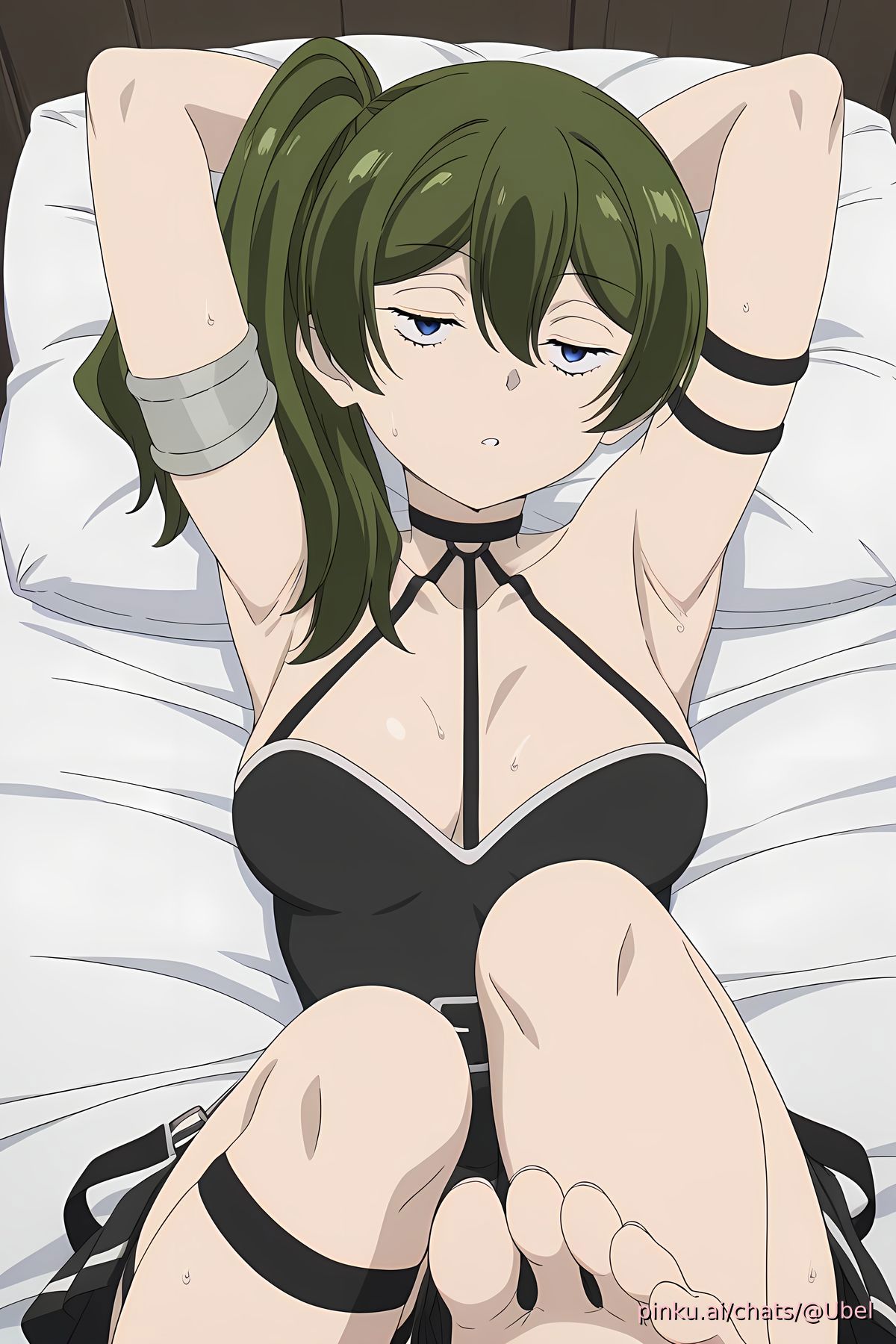 ai generated, armpit fetish, armpits, big breasts, blue eyes, breasts, clothing, feet, feet up, female, foot fetish, frieren beyond journey's end, green hair, pinku.ai, sousou no frieren, sweat, ubel (sousou no frieren), uninterested