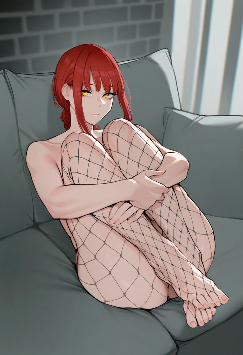1girls, ai generated, chainsaw man, female, female only, fishnet stockings, makima (chainsaw man), red hair, solo, yellow eyes, zloimakak
