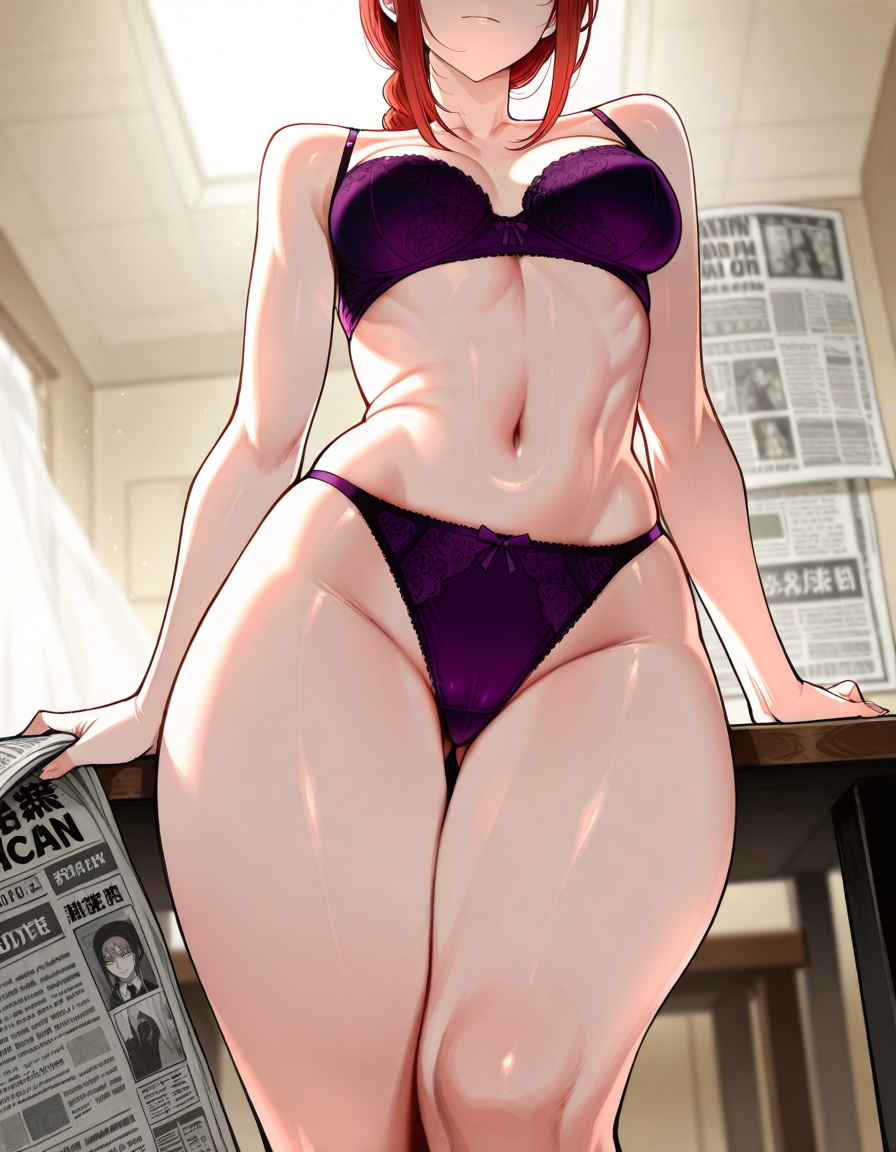 1girls, ai generated, athletic female, bra, chainsaw man, female, female only, fit female, makima (chainsaw man), newspaper, panties, purple bra, purple panties, purple underwear, red hair, solo, toned female, underwear, underwear only, zloimakak