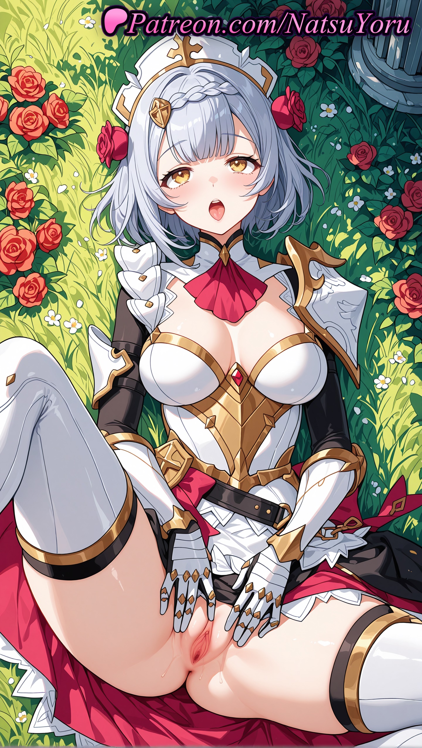 1girls, 2025, ai generated, anime, anime style, armor, bangs, blush, braid, breasts, clitoris, female, female only, flower, gauntlets, genshin impact, grass, grey hair, hair flower, hair ornament, hi res, high quality, high resolution, highres, hoyoverse, looking at viewer, lying, mihoyo, mihoyo technology (shanghai) co. ltd., natsuyoru, noelle (genshin impact), on back, open mouth, patreon, pussy, red flower, red rose, rose, short hair, sitting, solo, spread legs, spread pussy, stable diffusion, thighhighs, tongue, tongue out, uncensored, vagina, voluptuous, voluptuous female, white legwear