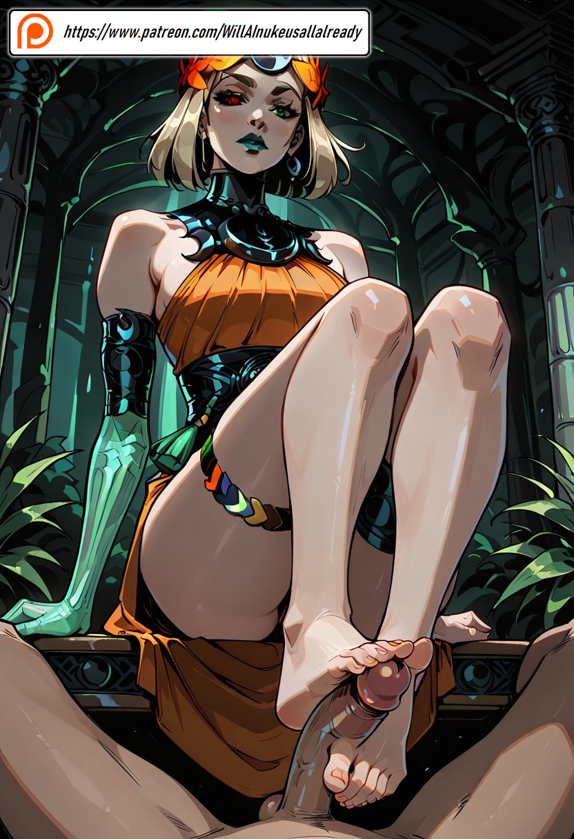 ai generated, female, foot fetish, footjob, hades (game), hades 2, male, melinoe (hades), penis, willainukeusallalready