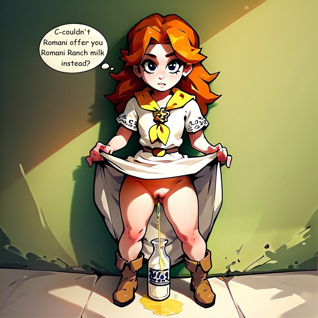 aged_up ai_generated boots dress dress_lift female female_focus female_only front_view looking_at_viewer majora's_mask peeing pissing romani_(zelda) solo solo_female solo_focus speech_bubble standing standing_pee talking talking_to_viewer the_legend_of_zelda urinating urinating_female urination