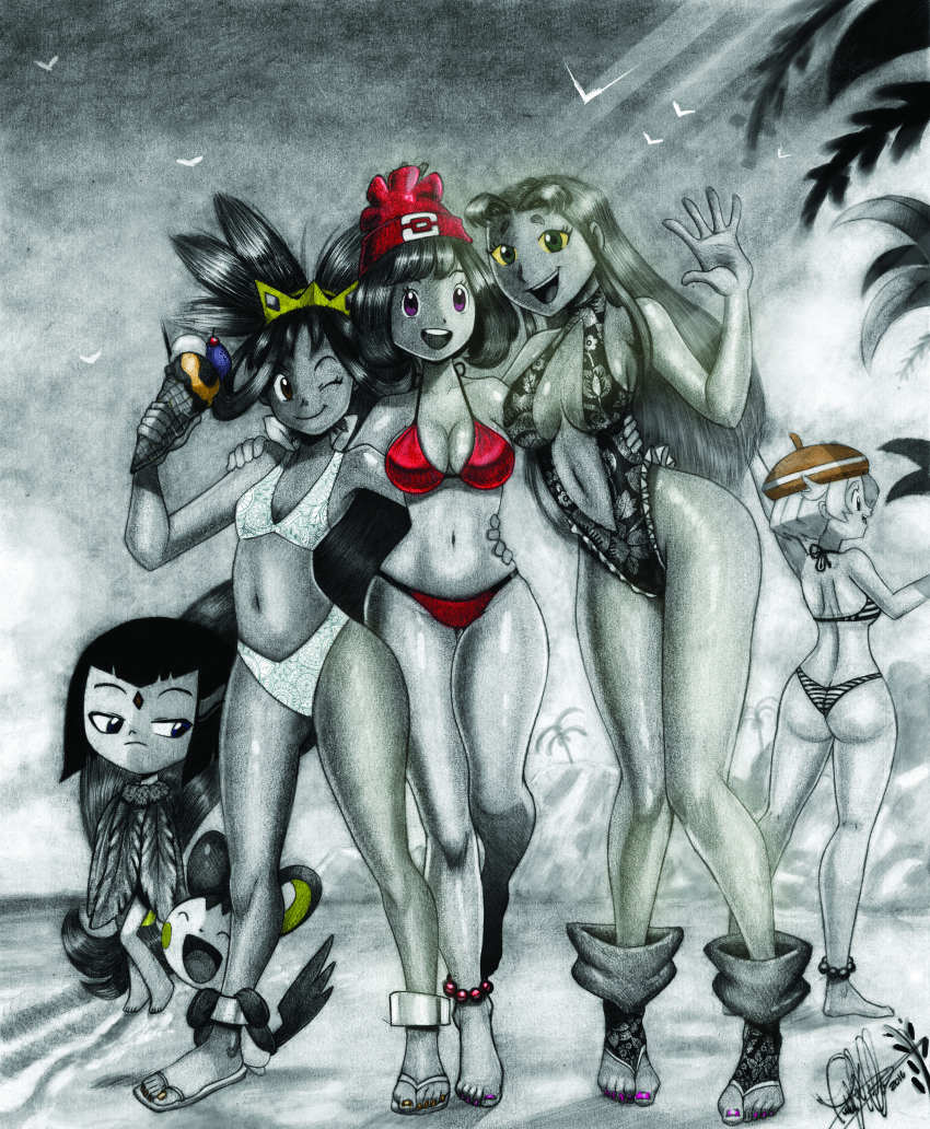 absurdres alternate_costume barefoot beach beanie bianca_(pokemon) bikini black_hair cartoon_network dark-skinned_female dark_skin dc_comics emolga gen_5_pokemon hat highres iris_(pokemon) monochrome multiple_girls navel nintendo outdoors pokemon pokemon_(anime) pokemon_(creature) pokemon_bw_(anime) pokemon_sm raven_(dc) red_bikini sandals selene_(pokemon) short_hair starfire striped_bikini striped_clothes swimsuit teen_titans todd_l._milhouse