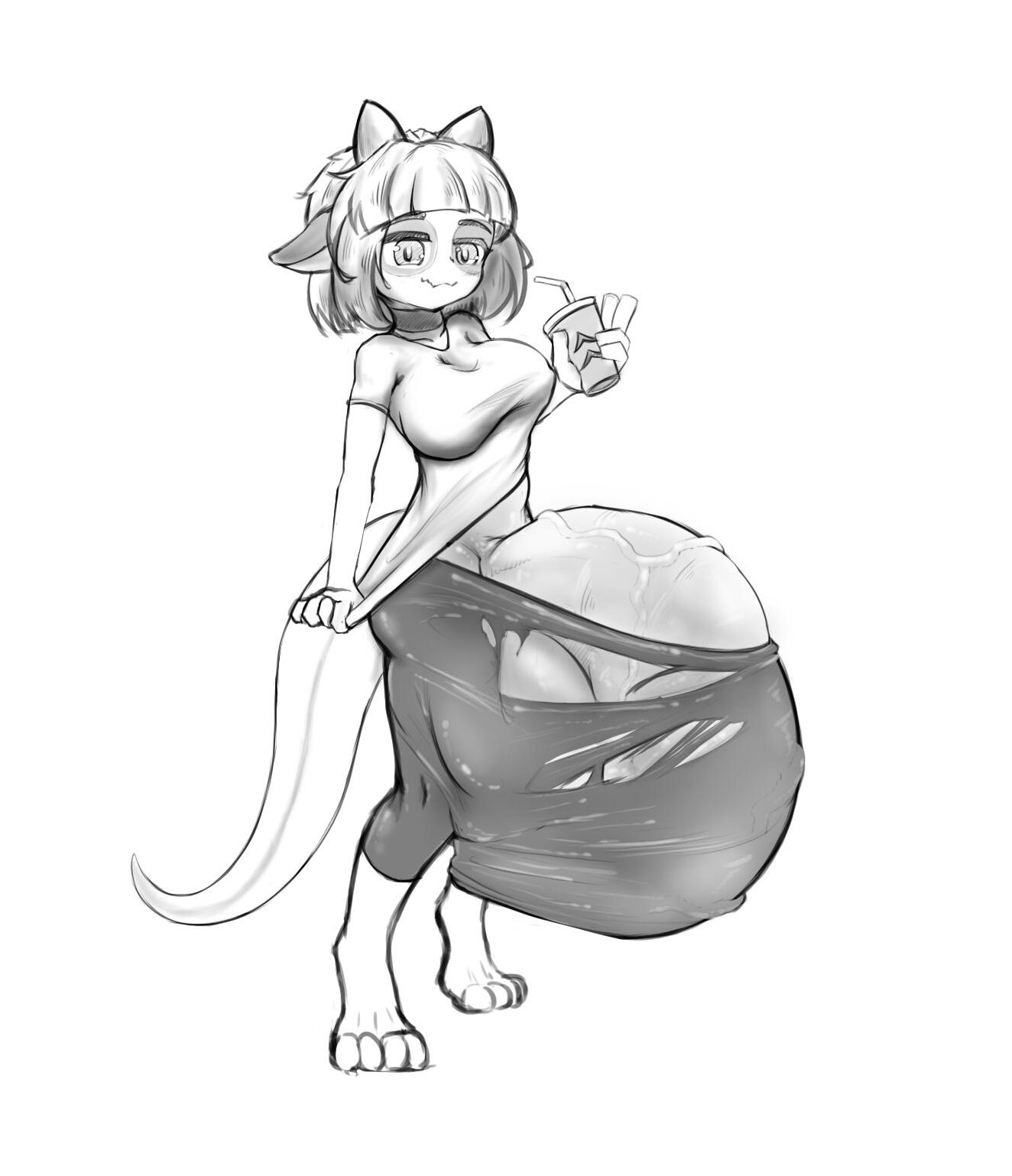 1futa, artist request, balls, blue (limebreaker), breasts, clothed, clothing, female, flaccid, futa only, futanari, genital expansion, genital growth, genital growth (enlargement), gigantic balls, gigantic cock, gigantic testicles, holding object, huge breasts, humanoid, humanoid penis, hyper, hyper balls, hyper penis, intersex, lizard girl, lizard humanoid, lizard tail, looking at viewer, massive penis, monochrome, mostly clothed, pants, penis, penis expansion, penis growth, penis growth (enlargement), ripping pants, shirt, smile, smiling, solo, testicles, veiny penis