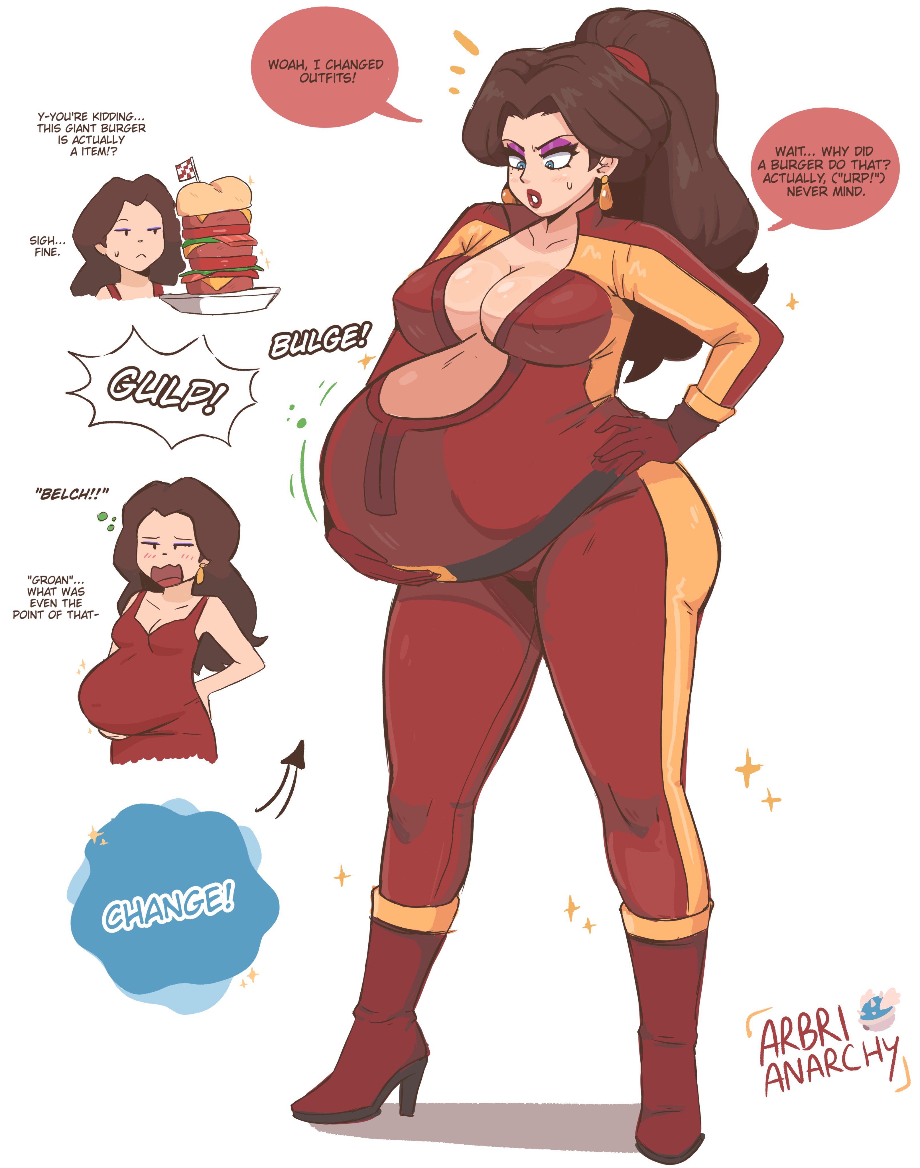 alternative version, arbrianarchy, belch, belly bulge, breasts, burp, cleavage, clothing, english text, female, hand on belly, hand on hip, human, large breasts, long brown hair, mario (series), mario kart, mario kart world, nintendo, official alternate costume, pale skin, pauline, pauline (aero), stuffed belly