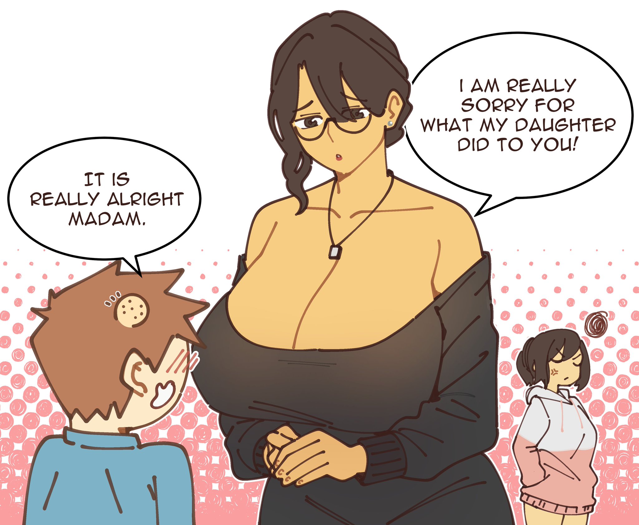 1boy, 2d, 2girls, anger symbol, apologizing, apology, background character, black sweater, blue shirt, blush, blushing, breasts, breasts bigger than head, brown hair, bump, color, duplicate, earring, english, english dialogue, english text, female, ffm, glasses, hurt, large breasts, male, mature female, mayu naisu, milf, mother, mother and child, mother and daughter, necklace, older female, older female and younger male, original, original character, original characters, pink sweater, ponytail, sweater, text, text bubble, white sweater, younger male