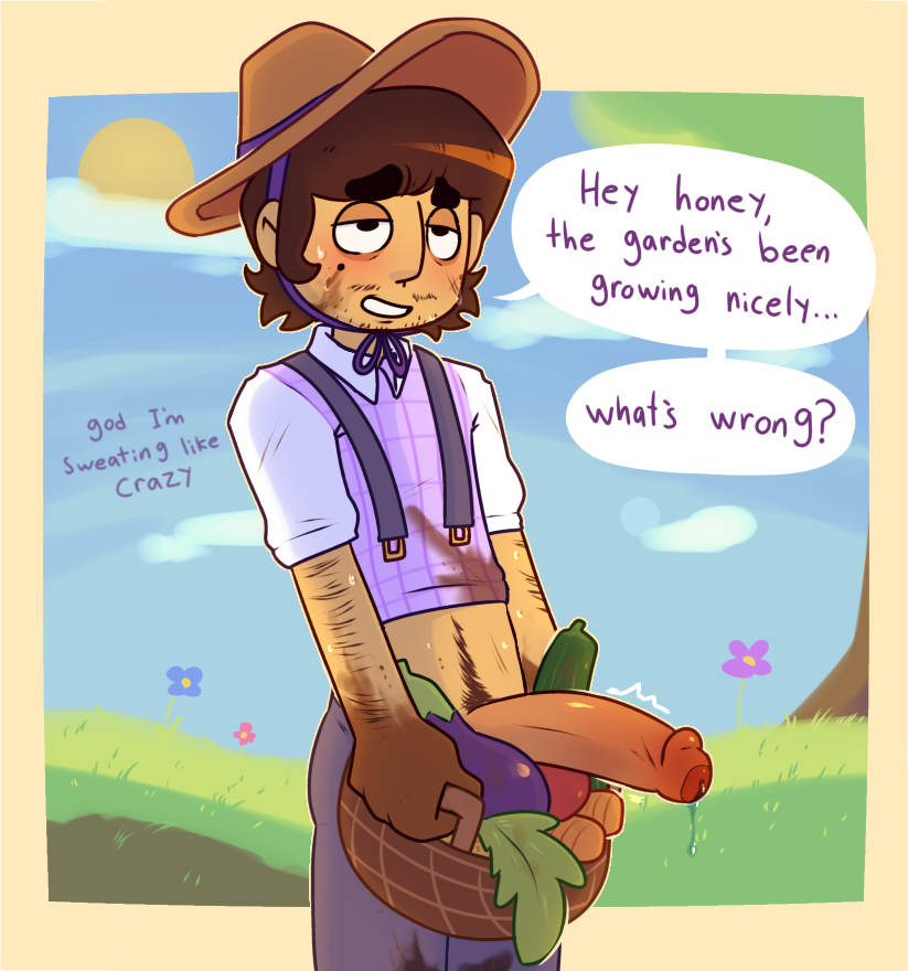 1boy basket cl0ckability cock digital_media_(artwork) dirt farmer hat male mechul original_character overalls precum sweat sweating unaware vegetable