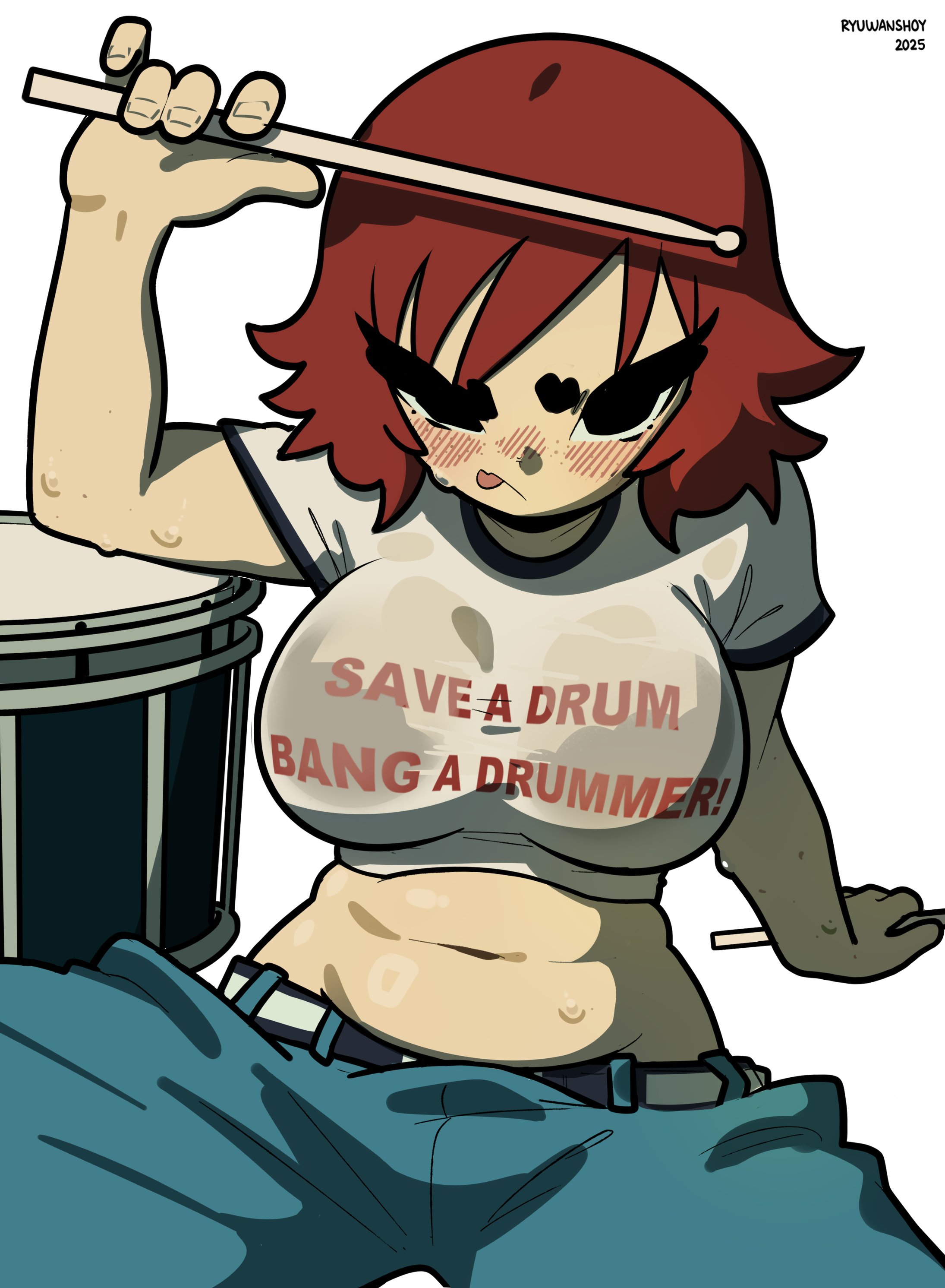 1girls, bedroom eyes, belly, black eyes, blush, bra visible through clothes, breasts, brown hair, clothed, clothes writing, crop top, drumsticks, female, jeans, kim pine, large breasts, looking at viewer, midriff, navel, pants, ryuwan, scott pilgrim, see-through, see-through clothing, short eyebrows, solo, sweat, sweaty clothes, t-shirt, thick eyes, tongue, tongue out, toony