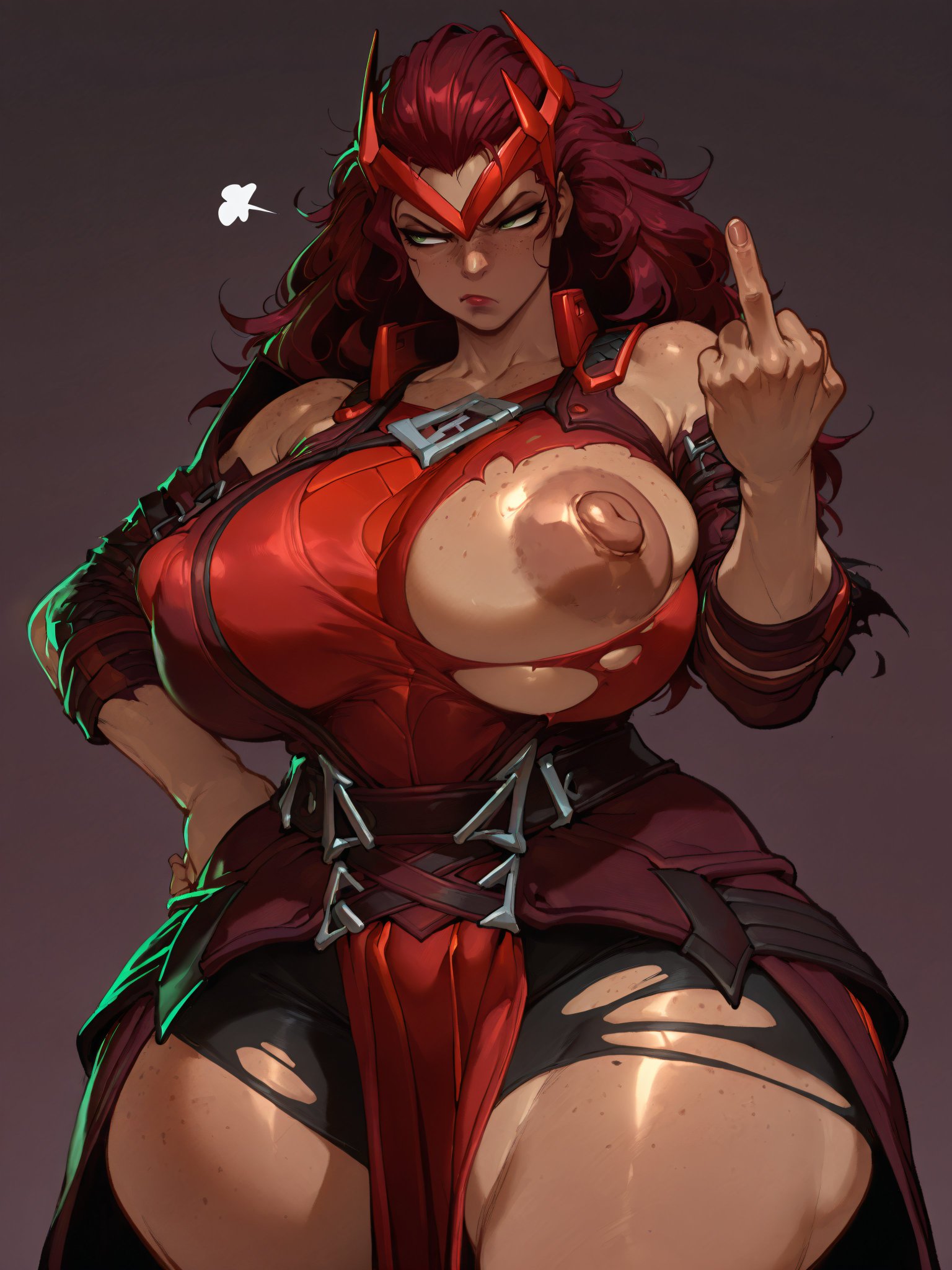 ai generated, angry expression, angry face, areolae, bare thighs, breasts, breasts out, dark areola, dark nipples, exposed breasts, female, gigantic breasts, green eyes, huge areolae, huge breasts, huge nipples, huge thighs, long hair, marvel, marvel comics, marvel rivals, massive breasts, middle finger, nipples, oatmealdood, oiled body, oiled skin, puffy nipples, red hair, ripped clothing, scarlet witch, scarlet witch (marvel rivals), solo female, squatting, sweat, sweatdrop, tan body, tan-skinned female, tanned female, tanned skin, thick body, thick female, thick thighs, thighs, voluptuous, voluptuous female, wanda maximoff, x-men