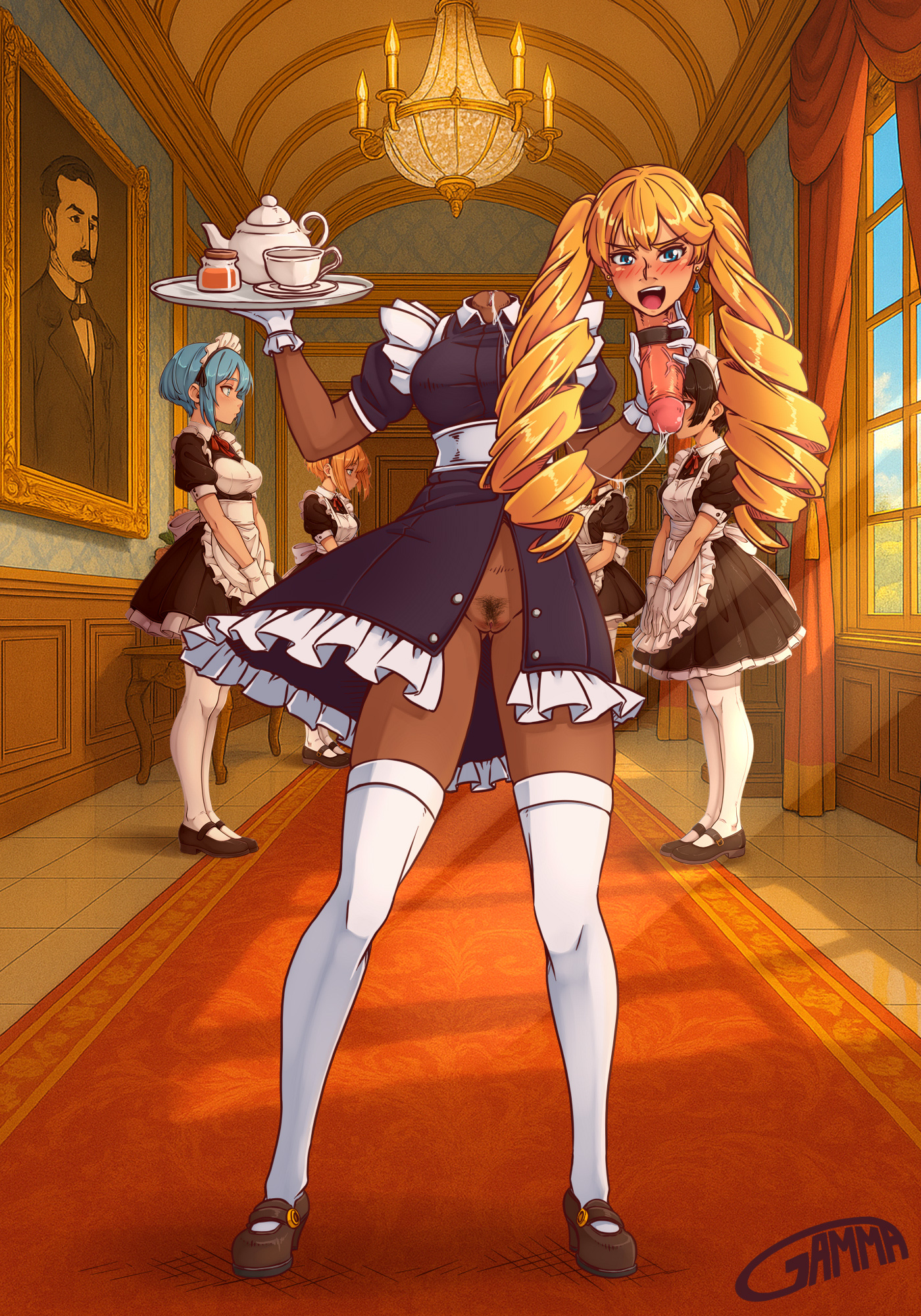 5girls, after ejaculation, cum, cum in pussy, dark skin, dark-skinned female, detached head, dominatrix, female, futanari, gammatelier, holding head, intersex, maid, maid uniform, monophallia, more at source, multi genitalia, multi pussy, penis, penis neck, precum, pubic hair, pussy, pussy juice, pussy neck, uncensored, unusual anatomy, unusual anatomy placement, unusual genitalia placement, unusual penis placement, unusual pussy placement, what