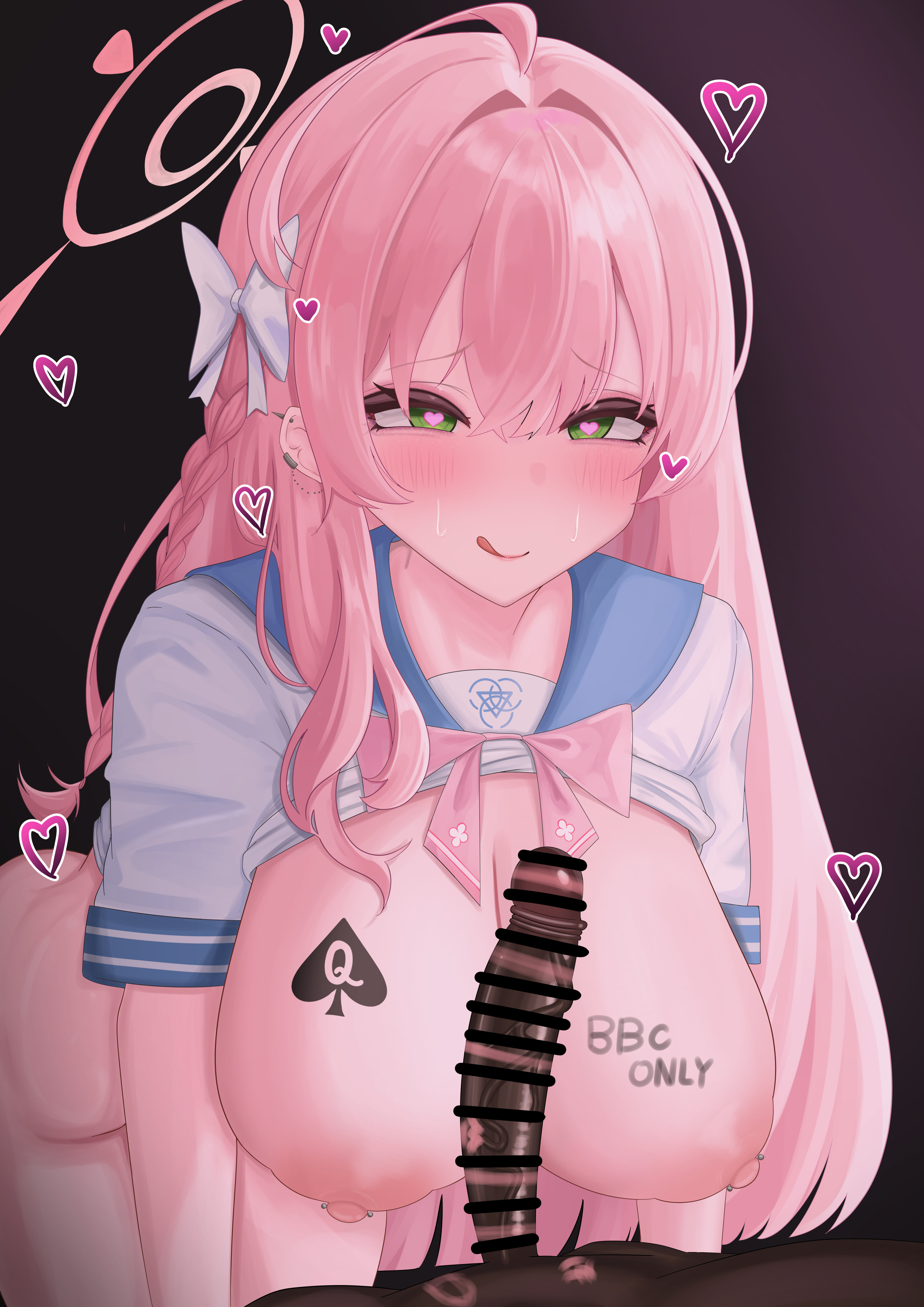 1boy, 1girls, areolae, bar censor, blue archive, blush, breasts, censored, dark skin, dark-skinned male, erect penis, erection, f he4rt, female, green eyes, halo, hanako (blue archive), heart, heart-shaped pupils, huge breasts, licking lips, light skin, light-skinned female, make-up work club (blue archive), male, male pov, nipples, penis, pink hair, pov, queen of spades, spade tattoo, sweat, symbol-shaped pupils, tattoo, trinity general school student