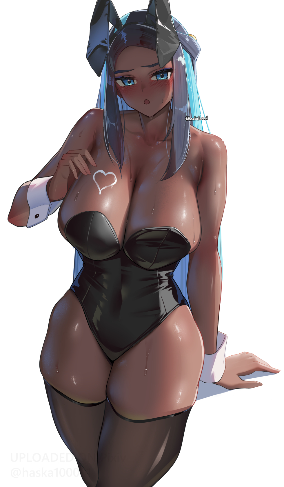animal ears, bare shoulders, black hair, black leotard, black thighhighs, blue eyes, blue hair, blush, breasts, cleavage, collarbone, covered navel, dark skin, dark-skinned female, eyeliner, fake animal ears, female, haska (user gure4787), highleg, highleg leotard, highres, large breasts, leotard, long hair, looking at viewer, makeup, multicolored hair, nessa (pokemon), open mouth, playboy bunny, pokemon, pokemon ss, pokemon swsh, rabbit ears, sidelocks, solo, thighhighs, thighs, two-tone hair, wrist cuffs
