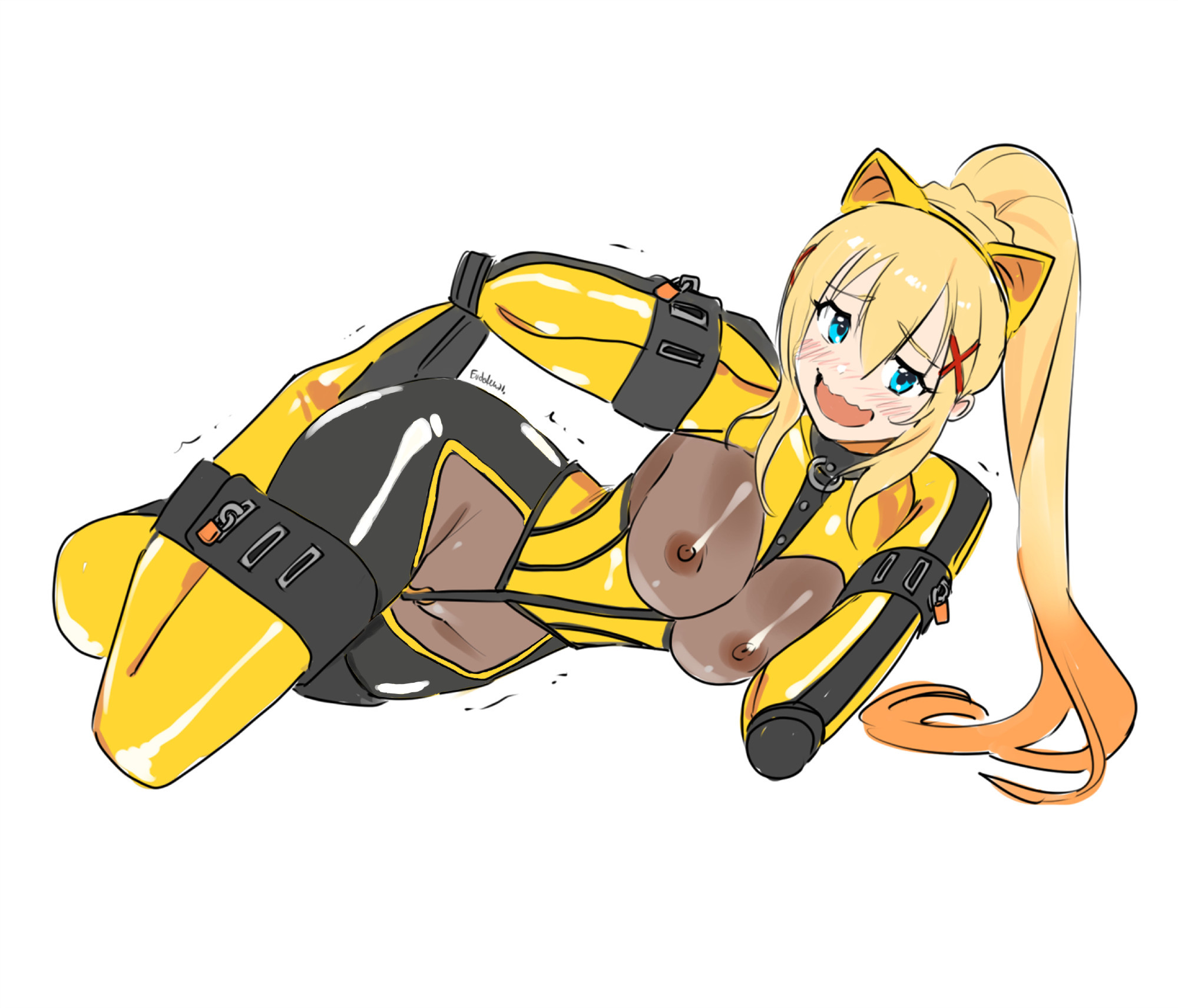 animal ear hairband, armbinder, bdsm outfit, big breasts, bitchsuit, bondage, bound, bound arms, breasts, corset, darkness (konosuba), eudetenis, female, female only, femsub, kono subarashii sekai ni shukufuku wo!, latex, latex suit, legbinder, open mouth, petplay, visible breasts, visible nipples