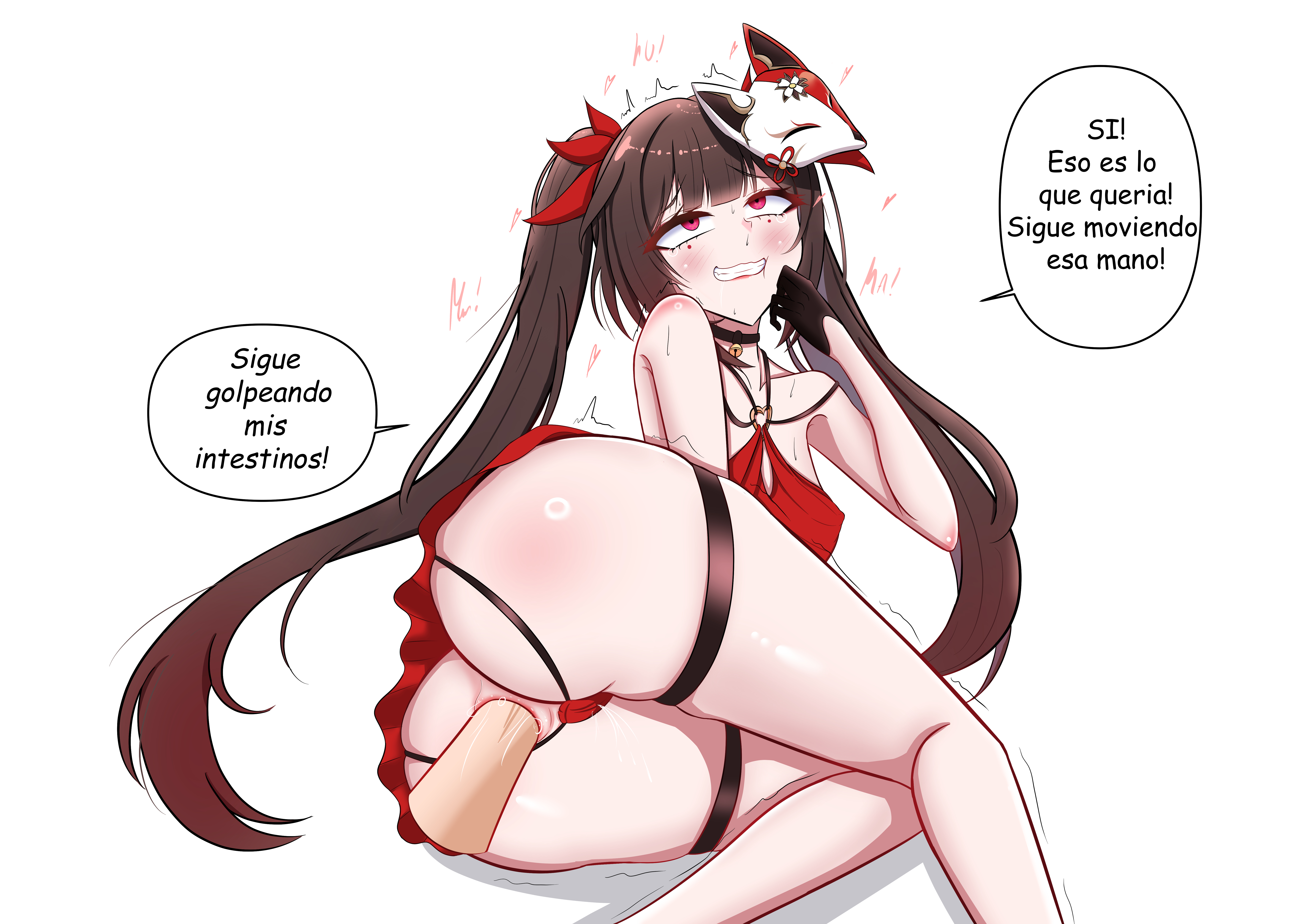 1girls, anal, anal access, anal fisting, anal juice, anal only, anal only panties, anal orgasm, ass, backless panties, big ass, breasts, brown hair, devil4826, dress, female, female ejaculation, female focus, female only, fisting, flat chest, honkai: star rail, huge ass, marking below eyes, orgasm, red eyes, small breasts, spanish text, sparkle (honkai: star rail), text, twintails, wide hips