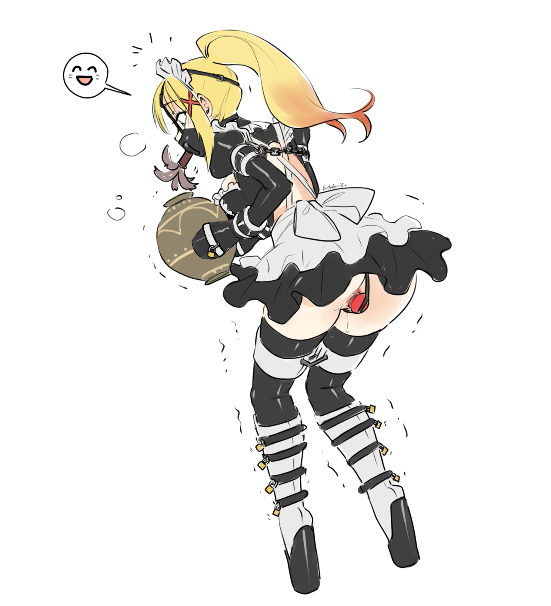 1girls, ballet boots, ballet heels, bdsm collar, bondage, bondage mittens, bound, cuffs, darkness (konosuba), duster gag, eudetenis, female, female only, femsub, gag, gagged, harness gag, head harness, high heels, kono subarashii sekai ni shukufuku wo!, latex, latex clothing, latex dress, latex maid, maid, maid apron, maid headdress, maid outfit, maid uniform, pussy, shiny clothes, uniform, very high heels, vibrator, vibrator in pussy, waitress, wedge heels