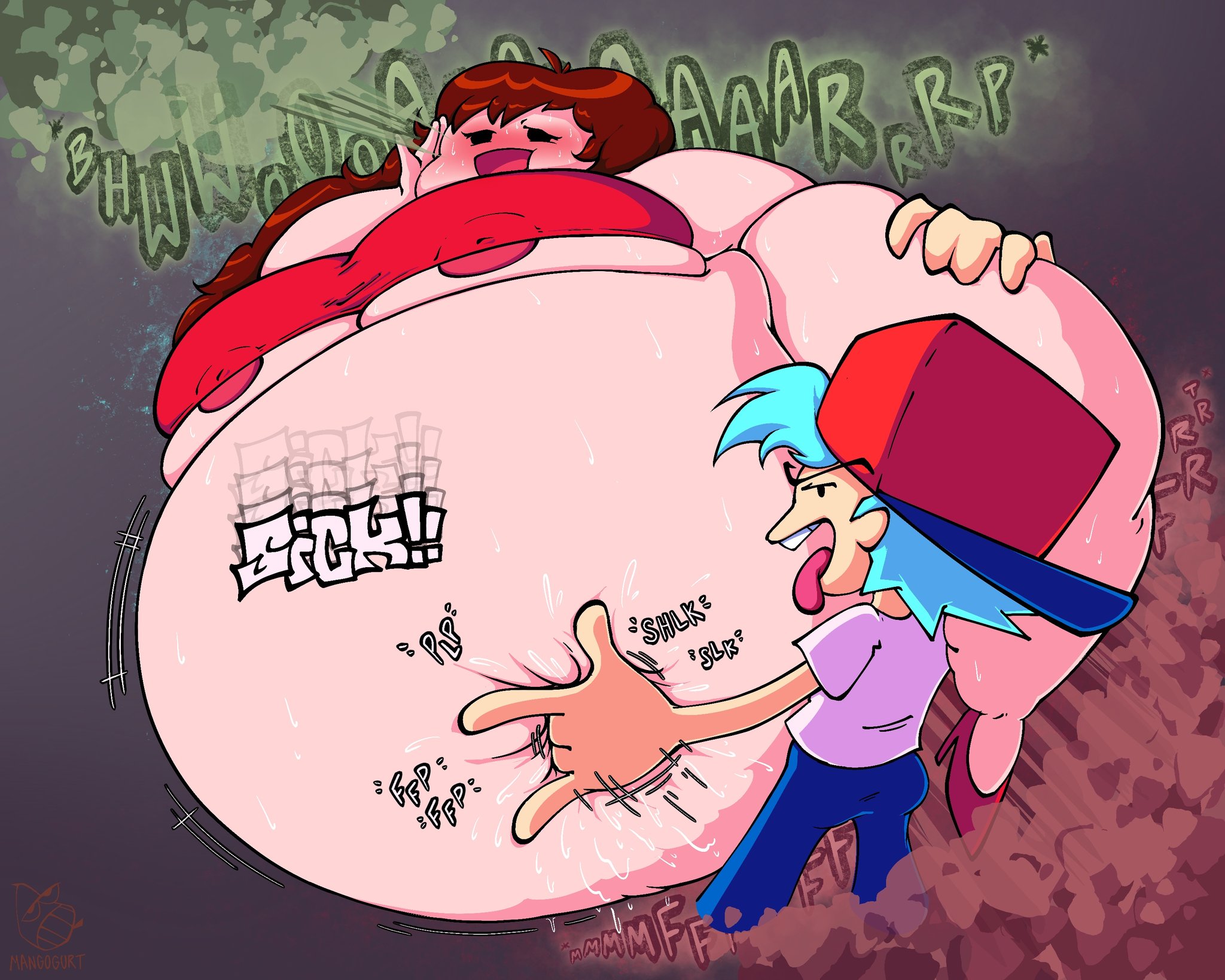 1boy, 1girls, alternate ass size, alternate body type, alternate breast size, ass, backwards baseball cap, barely contained breasts, bbw, belch, belching, belly bigger than body, belly bigger than head, big girl, blue hair, both ends, boyfriend (friday night funkin), breasts, brown gas, brown hair, brunette, brunette hair, burp fetish, burping, canon couple, chibi, chibi style, chubby, chubby female, fart, fart cloud, fart fetish, farting, fat, fat ass, fat female, female, fingering, fingering belly, fingering partner, friday night funkin, gas cloud, gassy, gassy female, giant belly, girlfriend (friday night funkin), grey background, hand on belly, hand on head, hand on thigh, larger female, lore-accurate girlfriend (friday night funkin), male, male holding female, mangogurti, navel play, no background, obese, onomatopoeia, plump, plump belly, plump thighs, pumps, red dress, red shoes, shlick, simple background, simple eyes, smaller dom larger sub, smaller male, ssbbw, thick thighs, thunder thighs, thunderthighs, tongue, tongue out, touching belly, tubby, underboob