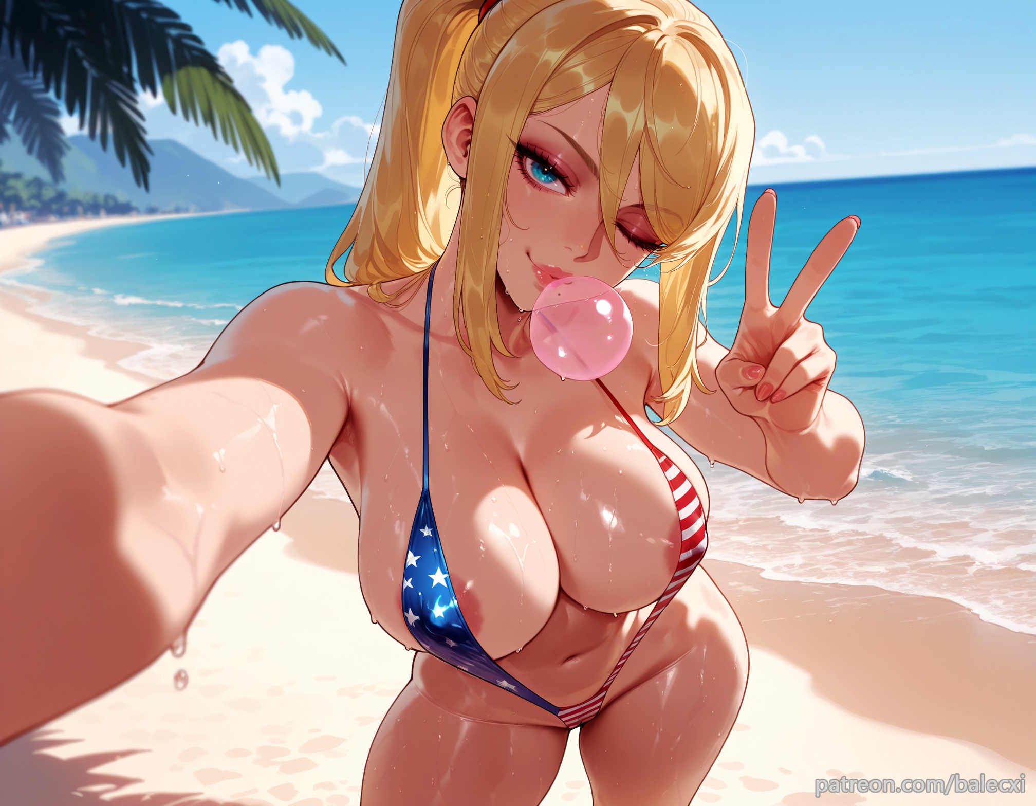 ai generated, american flag bikini, areola slip, balecxi, beach, blonde hair, blue eyes, breasts, bubble blowing, chewing gum, cleavage, collarbone, day, female, flag print, large breasts, long hair, looking at viewer, metroid, navel, ocean, one eye closed, outdoors, patreon username, ponytail, reaching towards viewer, samus aran, selfie, slingshot swimsuit, smile, solo, stomach, swimsuit, thighs, v, web address, wet