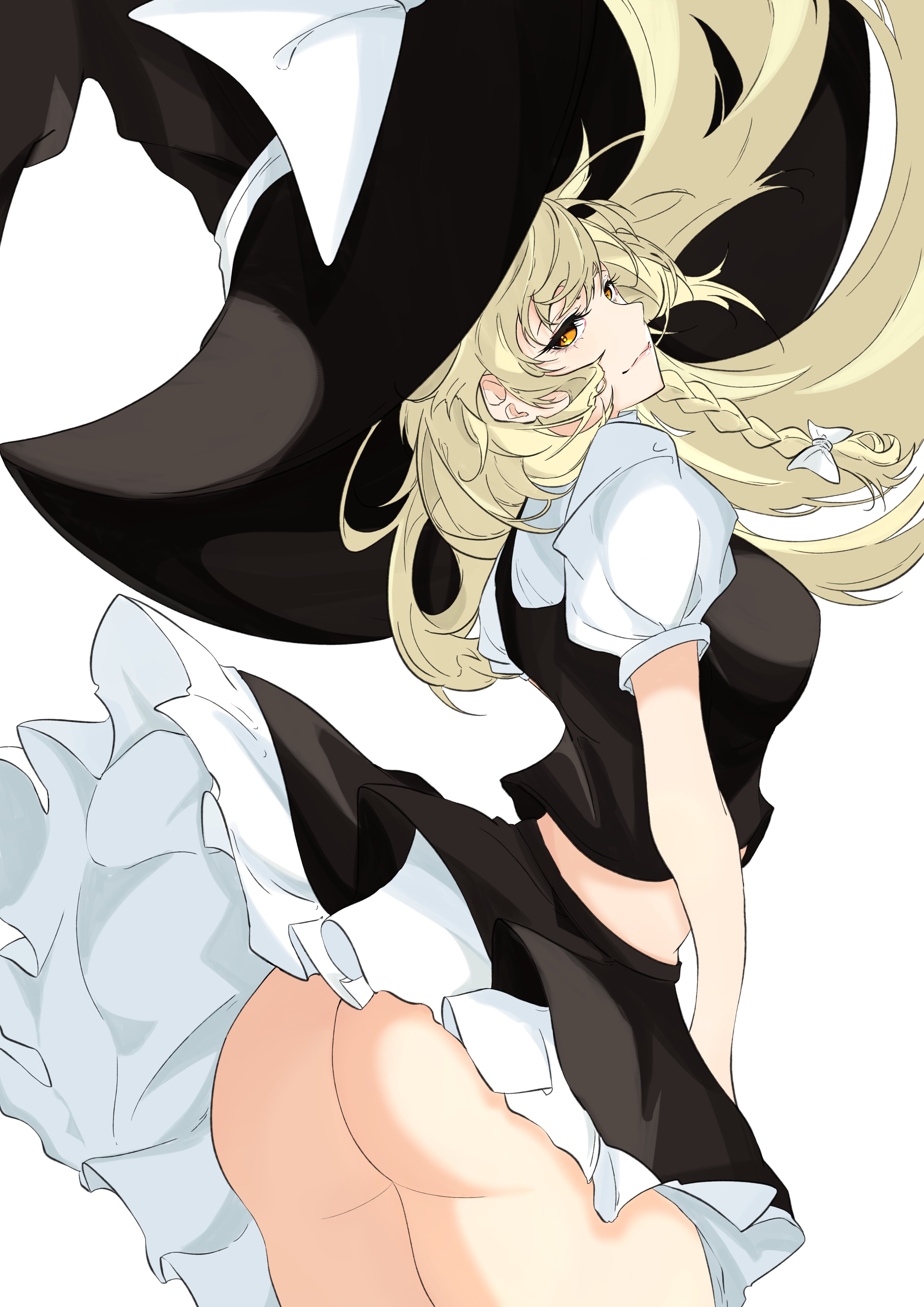 absurdres, ass, ass focus, black skirt, blonde hair, braid, dress, female, frilled dress, frills, hat, highres, kirisame marisa, large hat, long hair, looking back, marisa kirisame, no panties, solo, touhou, unanooo (fthx7532), upskirt, witch hat, yellow eyes