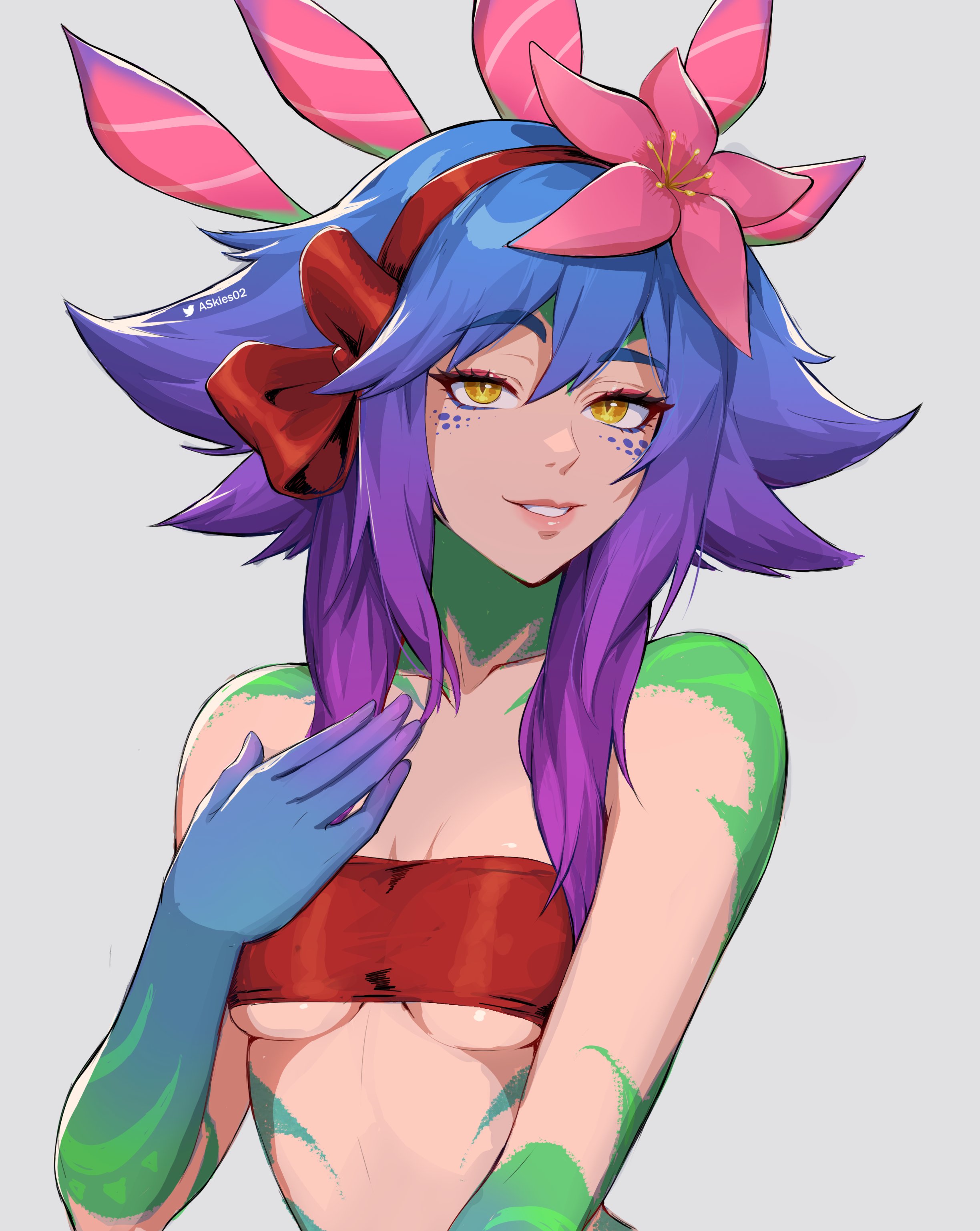1girls, allen skies02, blue hair, breasts, chameleon, female, flower in hair, hi res, league of legends, looking at viewer, looking pleasured, multicolored body, multicolored hair, neeko, nipples, partially clothed, simple background, underboob, yellow eyes