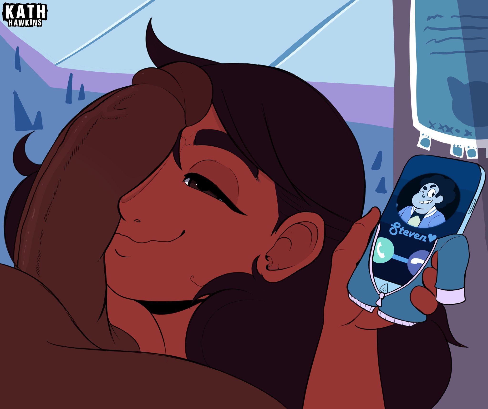 1boy, 1girls, alternate version available, big penis, black hair, brown eyes, cartoon network, cellphone, cheating, cheating girlfriend, cock worship, connie maheswaran, cuckold, dark skin, dark-skinned female, dark-skinned male, english text, female, female focus, flaccid, half-closed eyes, happy, highres, huge cock, indian, interracial, kath hawkins, large penis, long hair, male, netorare, nude, penis, penis awe, penis on face, phone, smile, smiling, solo focus, steven universe, straight, text, thick eyebrows, veiny penis, worship