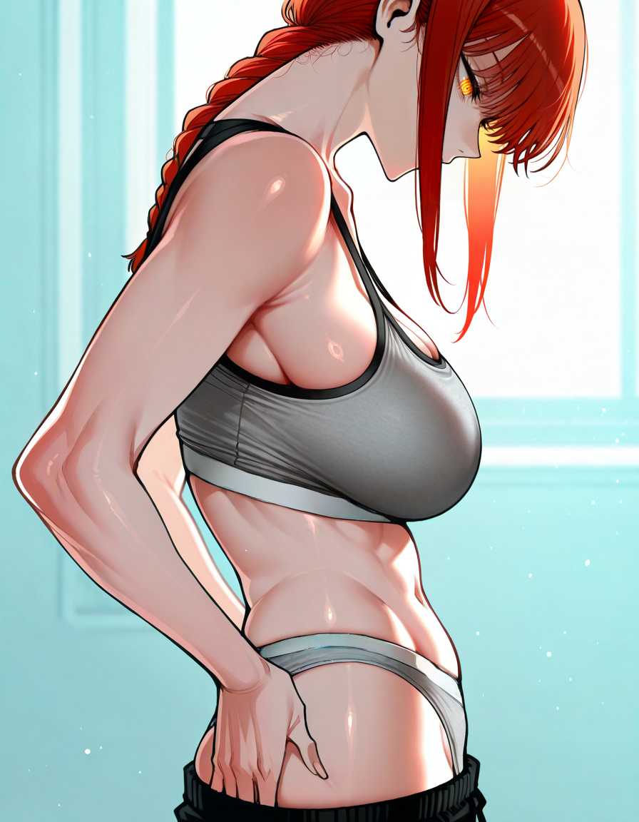 1girls, ai generated, athletic female, chainsaw man, female, female only, fit female, grey panties, grey sports bra, makima (chainsaw man), panties, red hair, side view, solo, sports bra, toned female, zloimakak