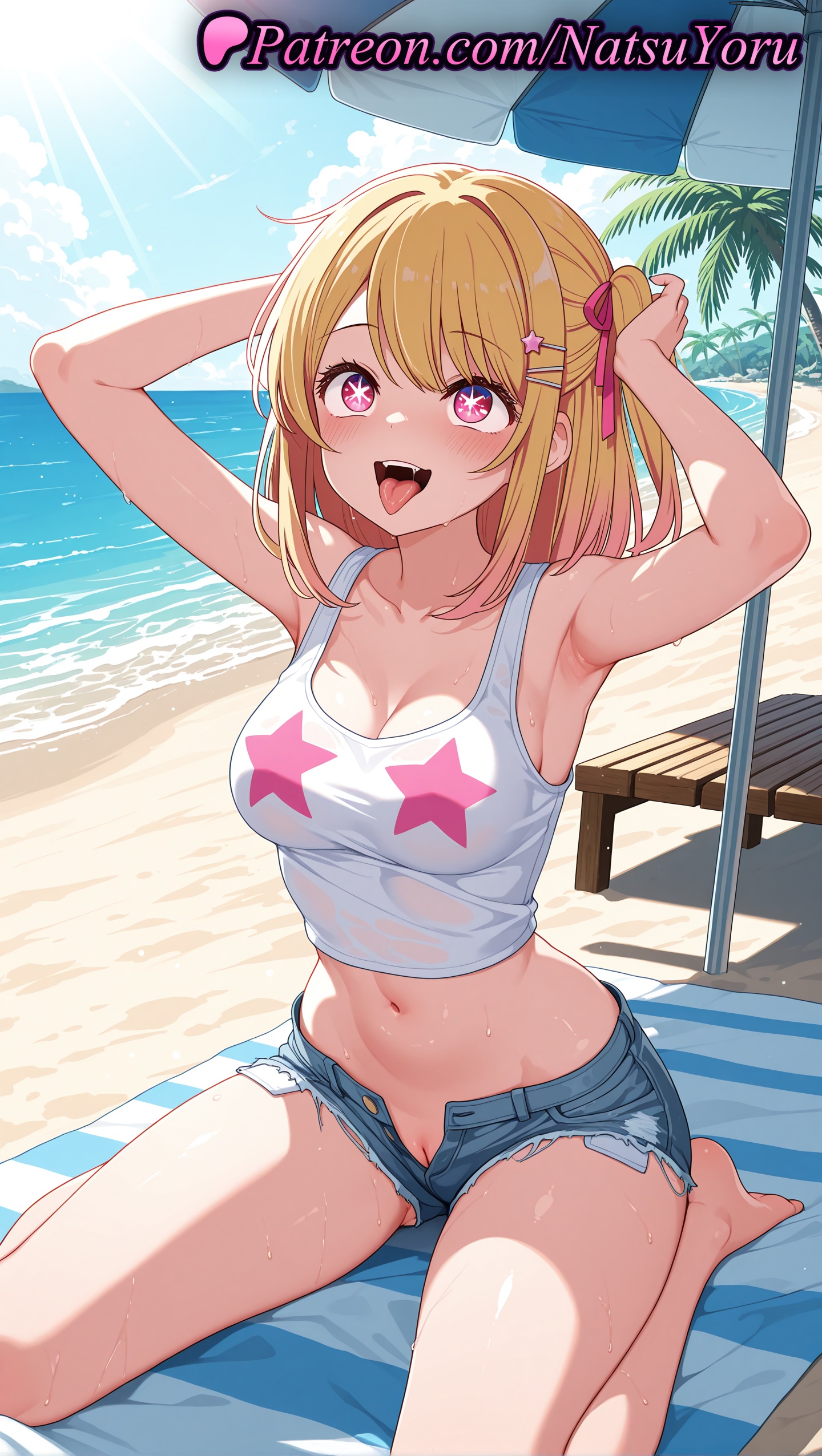 1girls, 2025, ai assisted, ai generated, anime, anime style, armpit, armpits, arms up, barefoot, beach, blonde hair, breasts, cleft of venus, crop top, denim, denim shorts, female, heart-shaped pupils, hi res, high quality, high resolution, highres, hoshino ruby, micro shorts, natsuyoru, navel, open fly, open mouth, oshi no ko, outdoors, patreon, pink eyes, pussy, short shorts, shorts, sitting, solo, stable diffusion, star (symbol), star-shaped pupils, symbol-shaped pupils, tongue, tongue out, umbrella, uncensored, vagina, voluptuous, voluptuous female