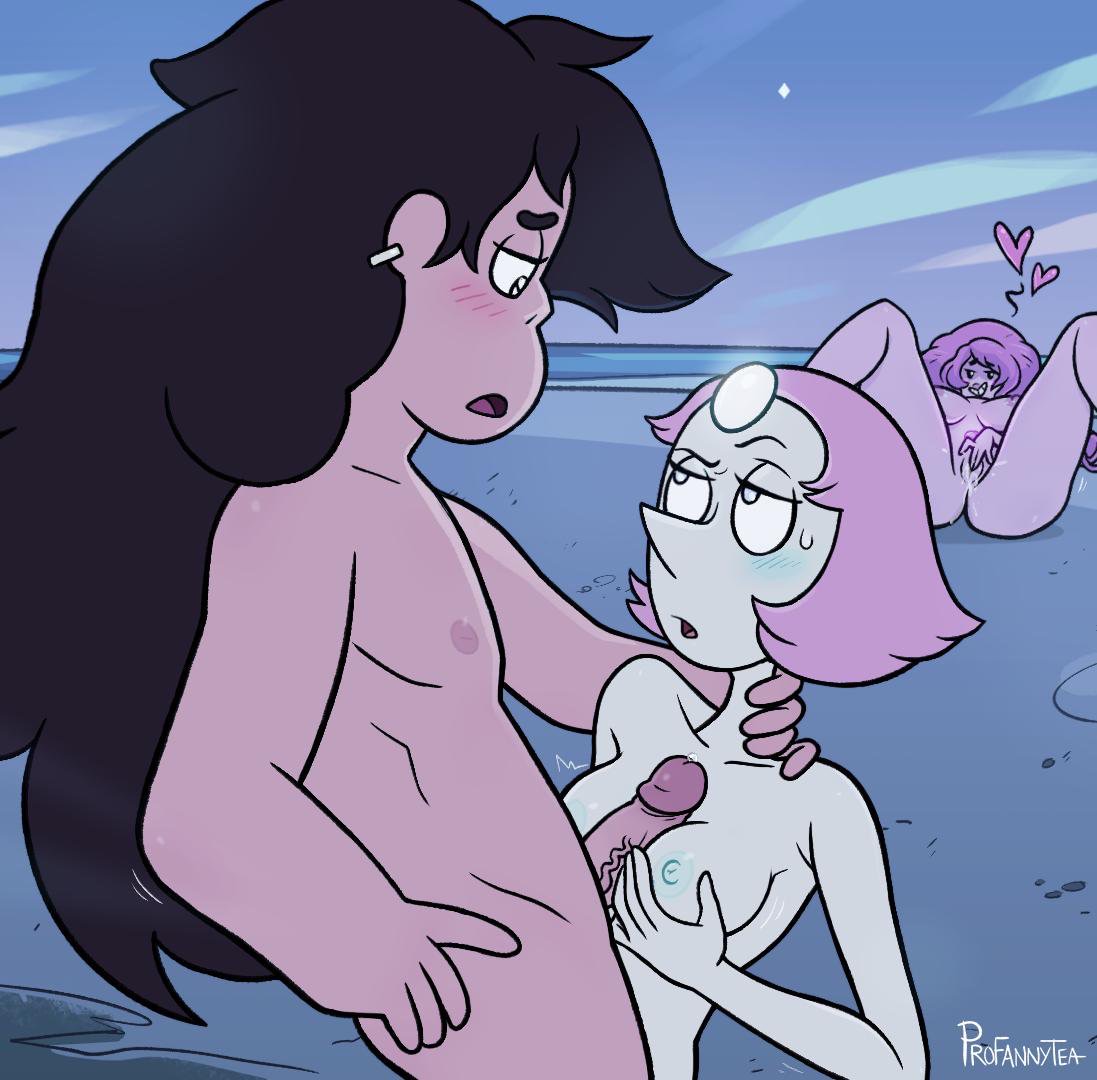 1boy, 2girls, alien, alien girl, alien/human, beach, blush, breasts, cartoon network, erection, female, fingering, gem (species), greg universe, greg universe (young), heart, human, interspecies, looking at another, male, male/female, masturbation, nude, paizuri, pearl (steven universe), penis, penis between breasts, profannytea, rose quartz (steven universe), sex, spread legs, spreading, steven universe, straight, threesome, titjob, voyeur, voyeurism, watching