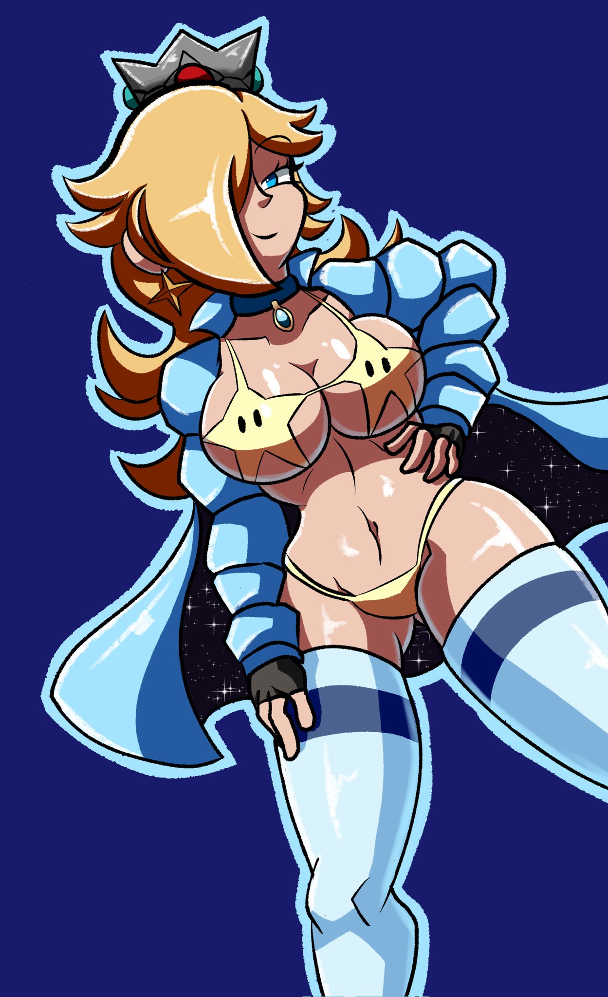 badass big_breasts bikini breasts crown curvy curvy_figure jacket mario_(series) nintendo princess_rosalina robveemo stars super_mario_galaxy thick_breasts thighhighs winter yellow_hair
