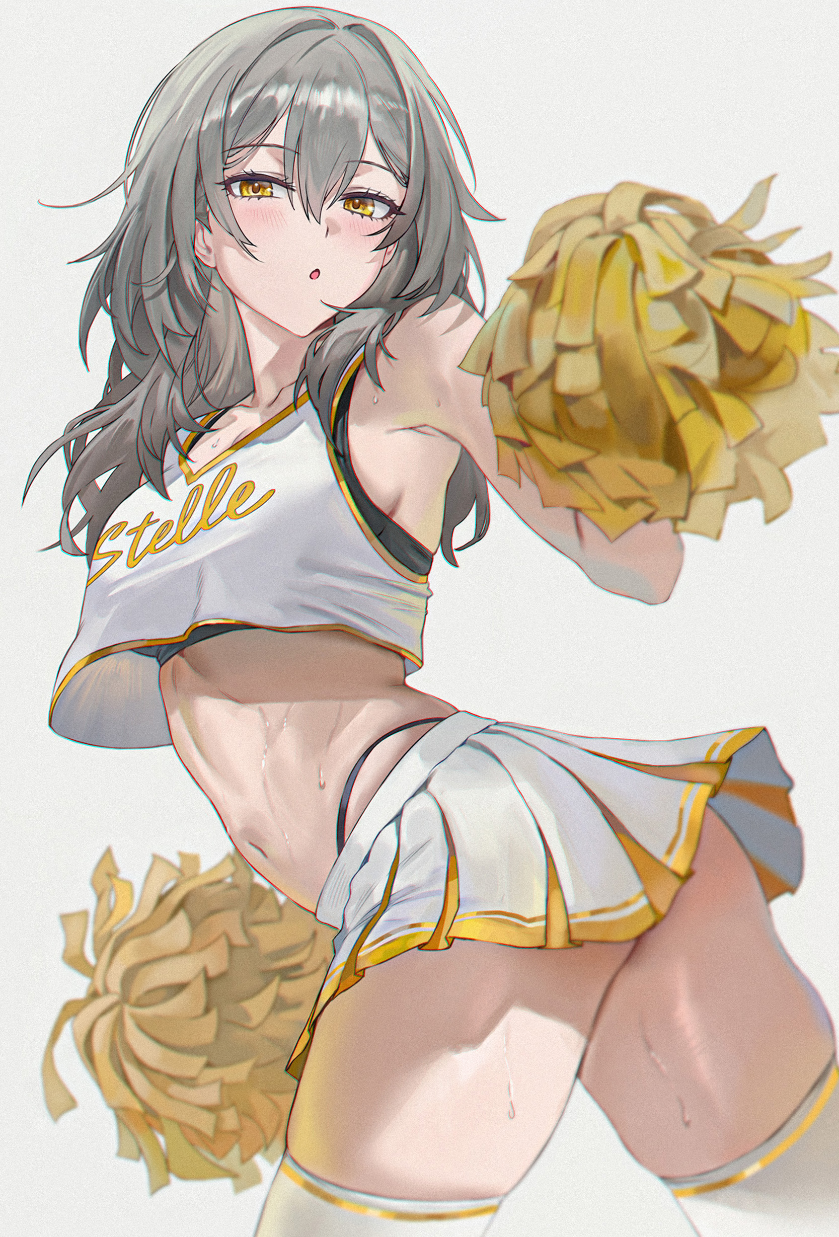 1girls, cheerleader, cheerleader uniform, crop top, female, honkai: star rail, hoyoverse, looking at viewer, mihoyo, silver hair, solo, stelle (honkai: star rail), sweat, sweaty, sweaty thighs, tagme (artist), thighs, trailblazer (honkai: star rail), yellow eyes