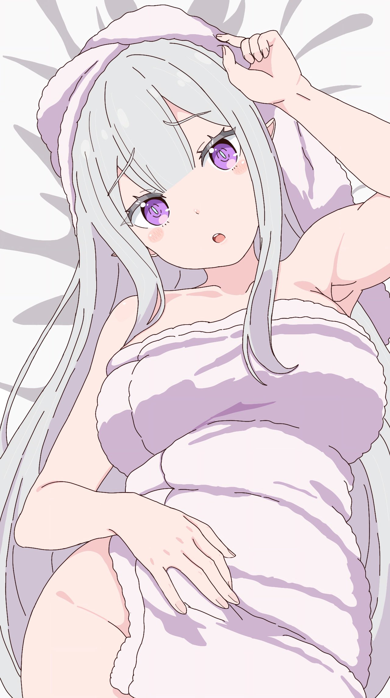 1girls, after bath, armpits, breasts, covered breasts, elf, elf ears, elf female, emilia (re:zero), exposed shoulders, female, half naked, hips, looking at viewer, lying on back, on bed, purple eyes, re:zero kara hajimeru isekai seikatsu, silver hair, solo, towel only