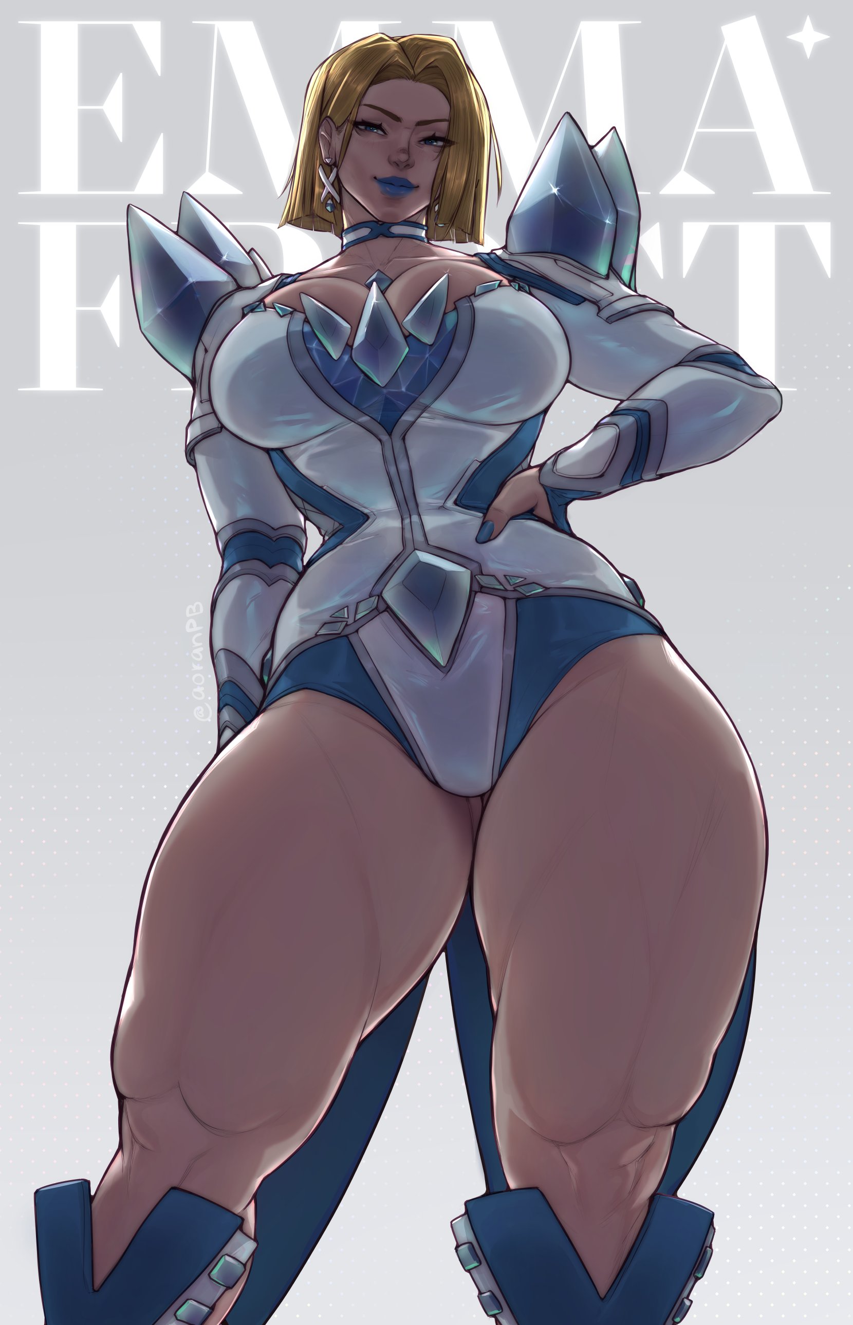 1girls, 2d, aoran p.b., aoranpb, arm at side, below view, big breasts, blonde female, blonde hair, blue lipstick, bob cut, breasts, caucasian, caucasian female, cleavage, closed mouth, closed mouth smile, clothed, clothed female, emma frost, emma frost (marvel rivals), eyelashes, female, hair behind ear, half-closed eyes, hand on hip, huge breasts, low-angle view, marvel, marvel comics, marvel rivals, mature female, medium hair, milf, muscular, muscular female, muscular legs, muscular thighs, revision, short hair, solo, superheroine, thick thighs, thighs, viewed from below, x-men