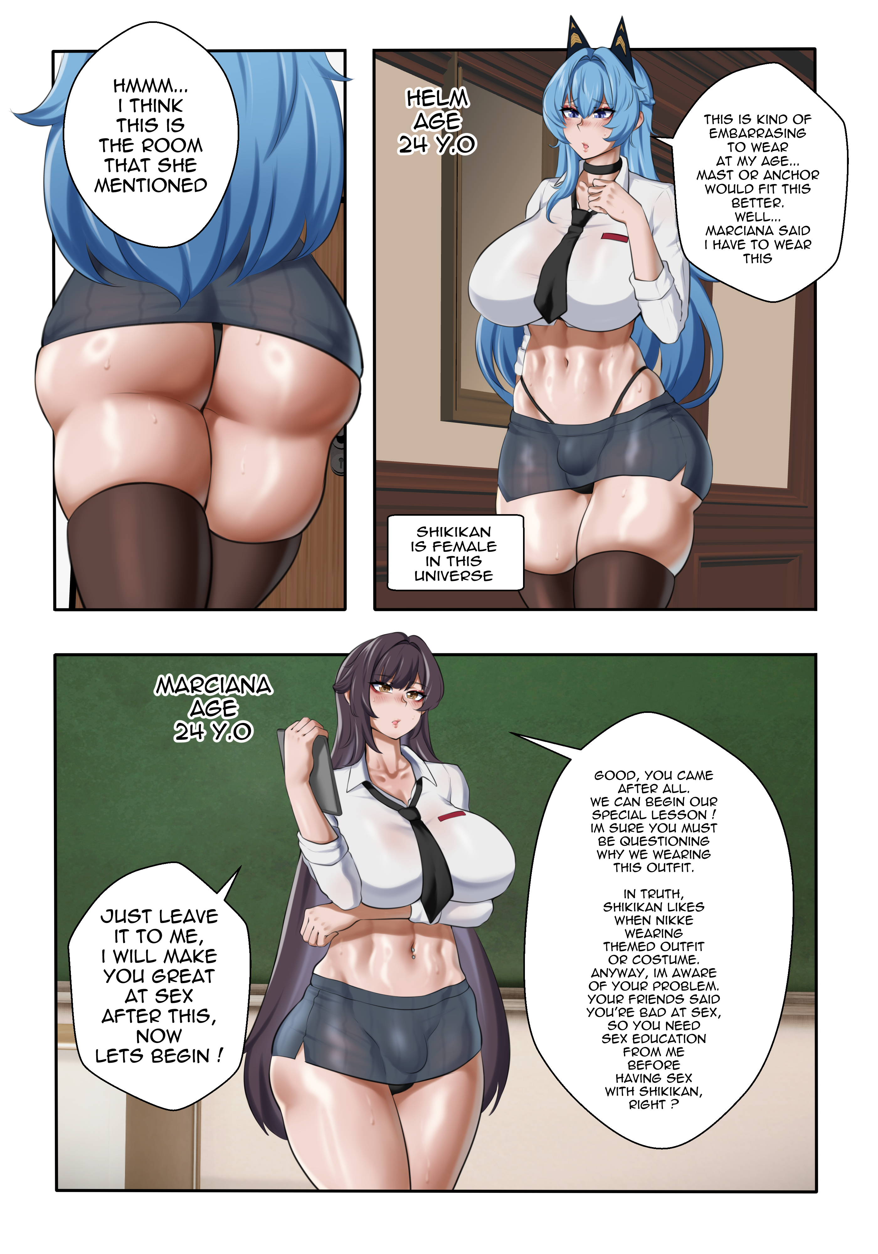 2025, 2futas, ass, big ass, big breasts, black hair, blue eyes, blue hair, breasts, cloire clover, clothed, clothing, comic, comic page, dialogue, english text, futa only, futanari, goddess of victory: nikke, helm (nikke), intersex, marciana (nikke), pale skin, pale-skinned futa, school uniform, tagme