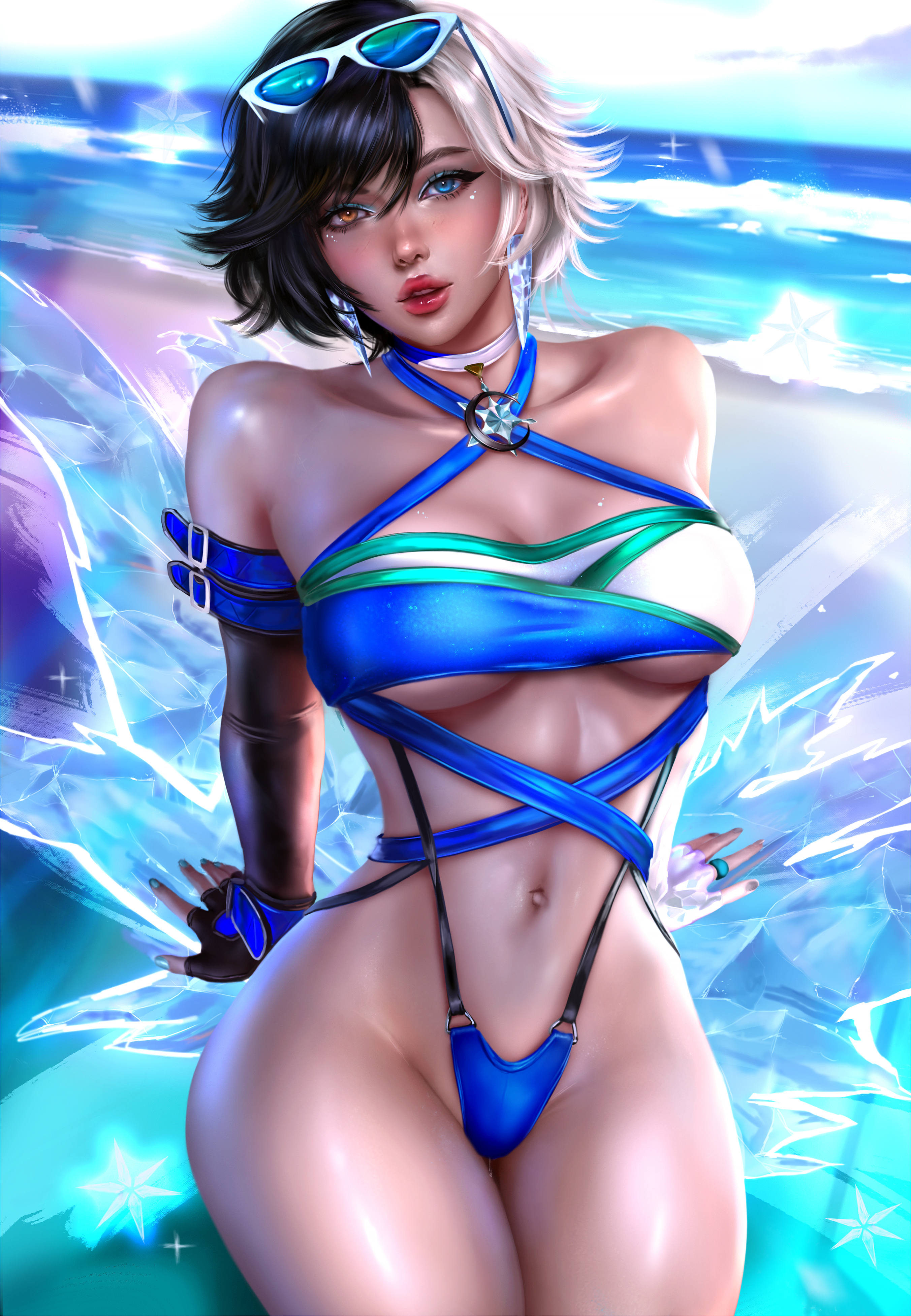 1girls, absurd res, absurdres, arm length gloves, arm support, asian, asian female, athletic, athletic female, big breasts, black and white hair, black hair, blue clothes, blue clothing, blue eyes, blue eyeshadow, blue swimsuit, breasts, brown eyes, chocker, cleavage, curvaceous, curvaceous female, curvaceous figure, curvy, curvy body, curvy female, curvy figure, cute face, ear ring, earring, earrings, eyeshadow, eyewear, eyewear on head, female, female focus, female only, fingerless gloves, fit, fit female, glasses, glasses on head, gloves, heterochromia, high resolution, highres, hips, ice, korean, korean female, large filesize, light skin, light-skinned female, lipstick, logan cure, luna snow, luna snow (marvel rivals), marvel, marvel comics, marvel rivals, navel, ocean, parted lips, red lips, red lipstick, short hair, sitting, sitting down, slim female, slim waist, solo, solo female, solo focus, stomach, summer, sunglasses, sunglasses on head, superhero, superheroine, swimsuit, thick thighs, thighs, tinted eyewear, tinted glasses, tropical, tropical setting, two-tone hair, underboob, very high resolution, voluptuous, voluptuous female, white choker, white glasses, white hair, white sunglasses, wide hips
