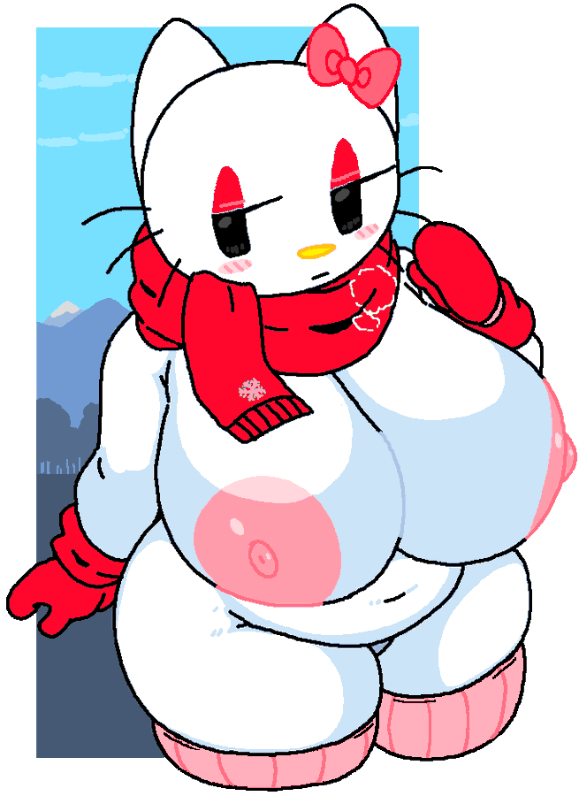 big_breasts breasts cassettedream cold dream-cassette hello_kitty hello_kitty_(series) hoshime kitty_white red_mittens red_scarf sanrio scarf winter