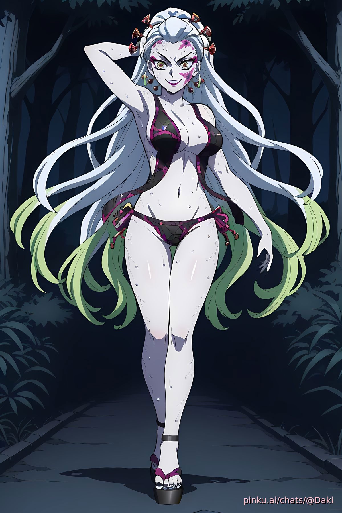 ai generated, armpit fetish, armpits, arms behind back, breasts, daki (kimetsu no yaiba), demon, demon slayer, female, full body, large breasts, pale skin, pinku.ai, sweat, underwear, wet, wet body, wet skin