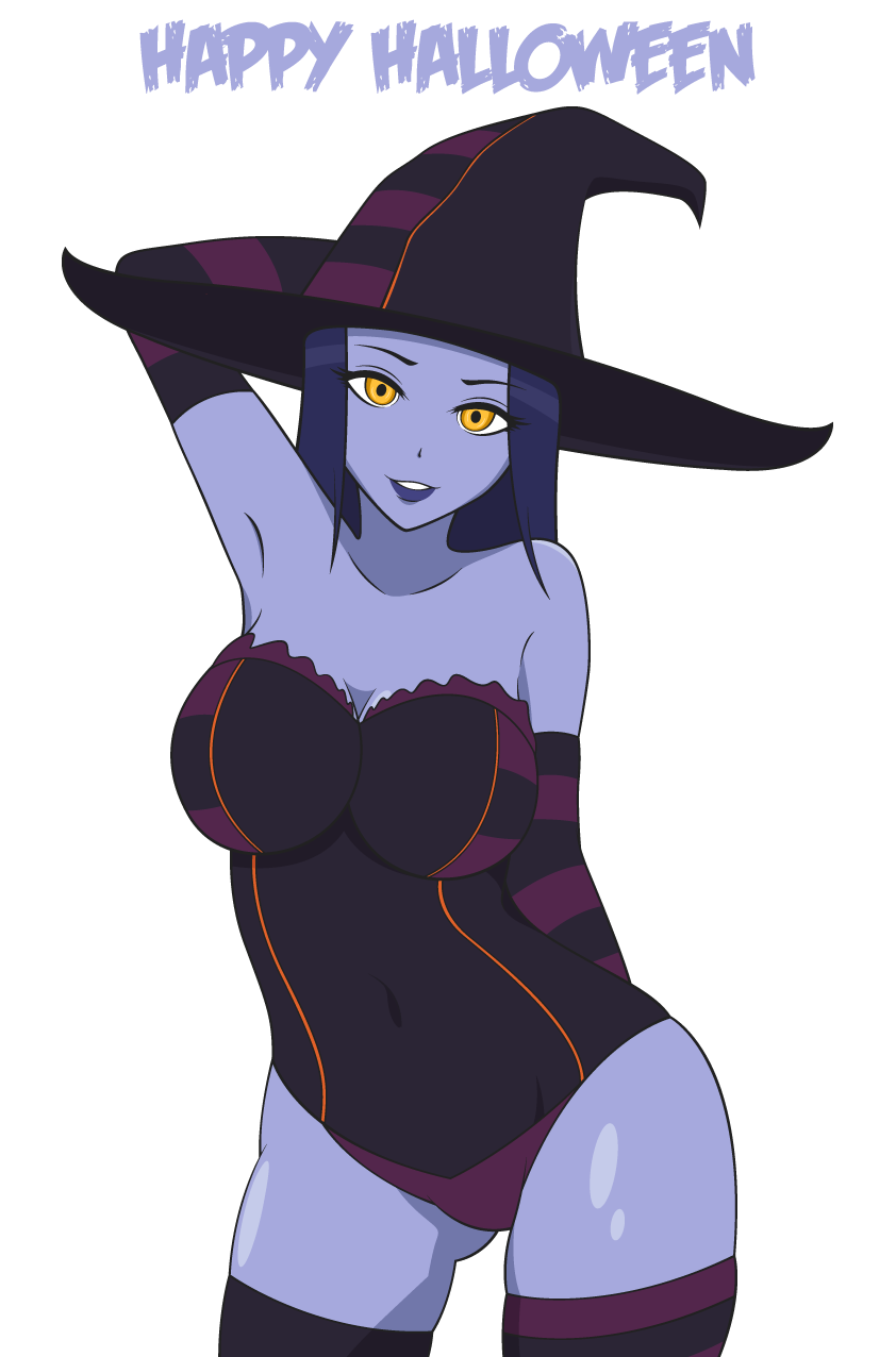 1girls arm_behind_head big_breasts blue_hair blue_lipstick blue_skin breasts corset female gosha420 halloween leggings looking_at_viewer overwatch white_background wide_hips widowmaker witch witch_hat yellow_eyes