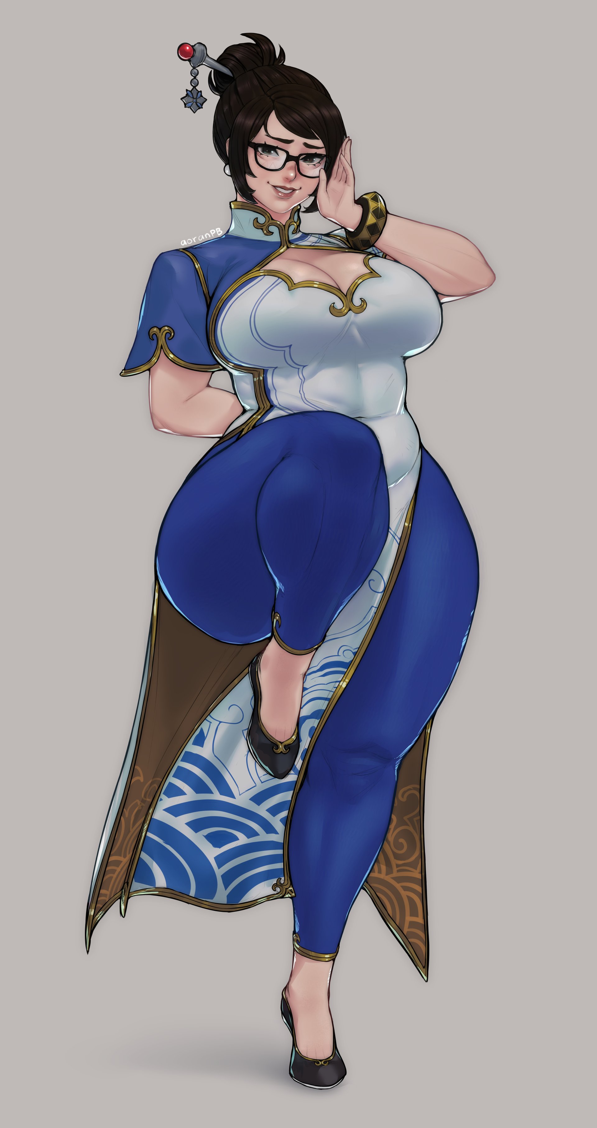 1girls, aoran p.b., aoranpb, arm behind back, asian, asian female, belly, big breasts, blue leggings, bracelet, breasts, china dress, chinese, chinese clothes, chinese female, chun-li (cosplay), chun-li (street fighter 6), cleavage, cleavage cutout, clothed, cosplay, covered navel, female, fighting stance, flats, hair bun, large breasts, leggings, mei (overwatch), overwatch, overwatch 2, pelvic curtain, plump, single hair bun, solo, standing on one leg, street fighter, street fighter 6, thick thighs, trait connection, white dress, wide hips