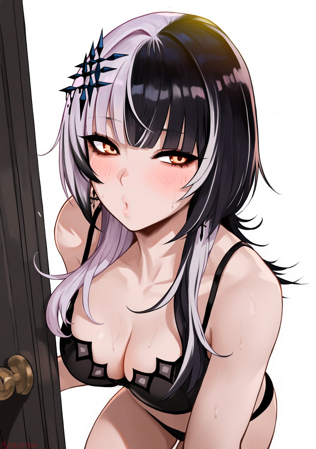 1girls, 2d (artwork), ai assisted, ai generated, black hair, blunt bangs, blush, bra, breasts, cleavage, door, female, goth, goth girl, hololive, hololive english, hololive english -advent-, kguy1920, kissy face, looking at viewer, panties, shiori novella, solo, sweat, two-tone hair, underwear, virtual youtuber, white hair, yellow eyes