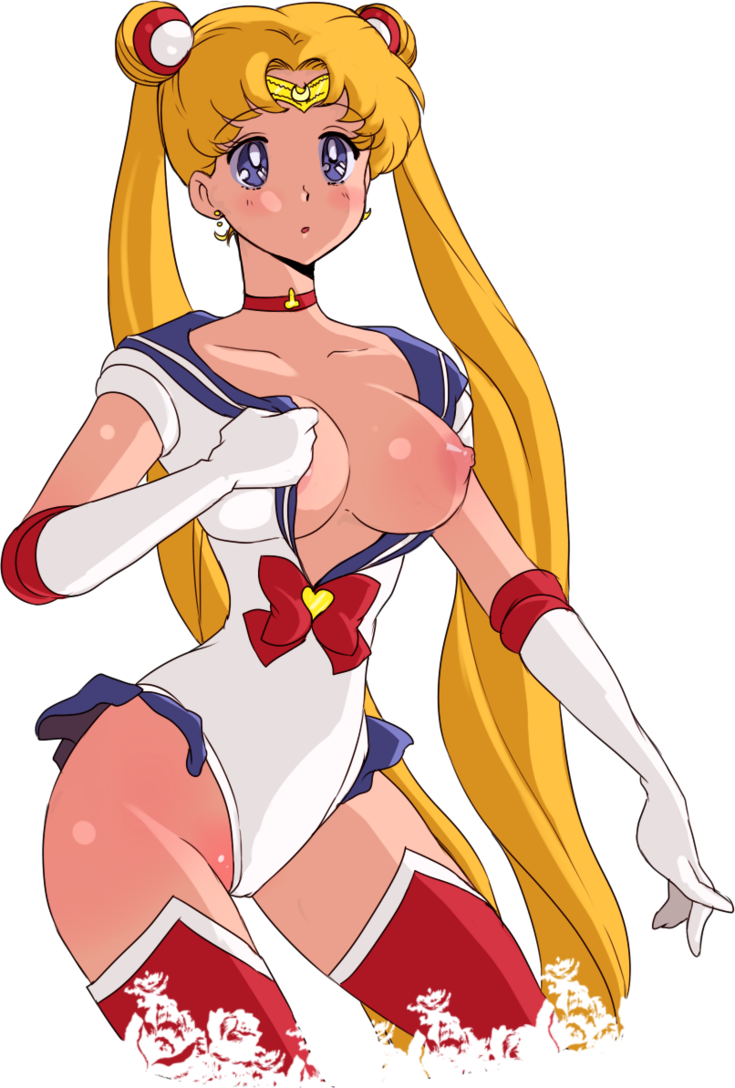 1girls, bishoujo senshi sailor moon, blonde hair, blue eyes, blush, boots, breasts, choker, clothing, earrings, erect nipples, exposed breasts, female, female only, gloves, hair ornament, inusen, jewelry, large breasts, leotard, long hair, medium breasts, mesmerized, nipples, sailor collar, sailor moon, shirt open, solo, stockings, thick, thighhigh boots, thighhighs, thong, thong leotard, tiara, transparent background, twintails, usagi tsukino