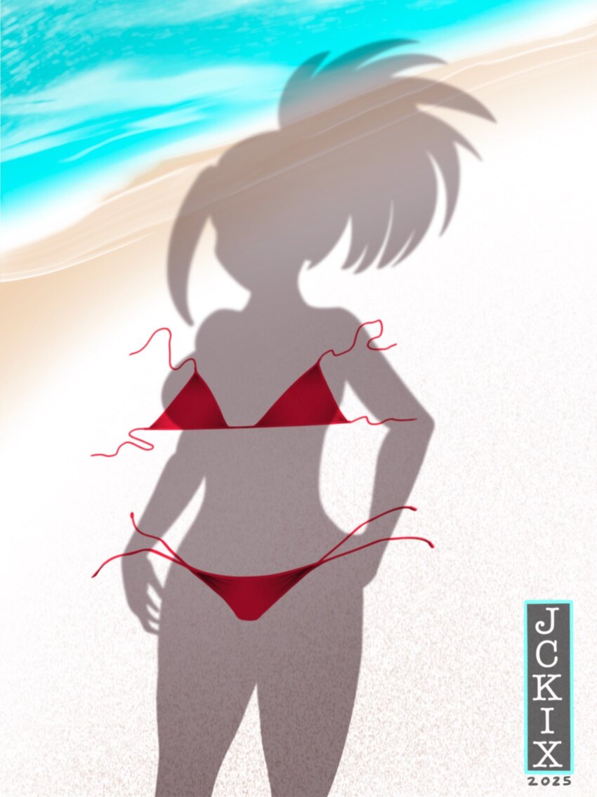 1girls, beach, bikini, dressed shadow (meme), female, jckix art, meme, momo yaoyorozu, my hero academia, nude, shadow, silhouette, solo