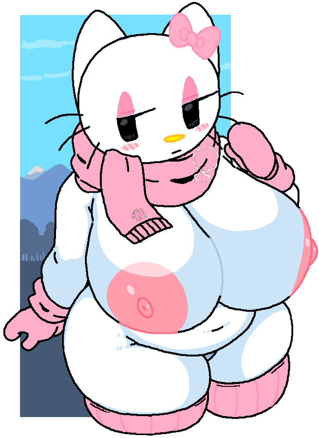 breasts cassettedream cold dream-cassette hoshime kitty_white mittens pink_mittens pink_scarf sanrio scarf winter